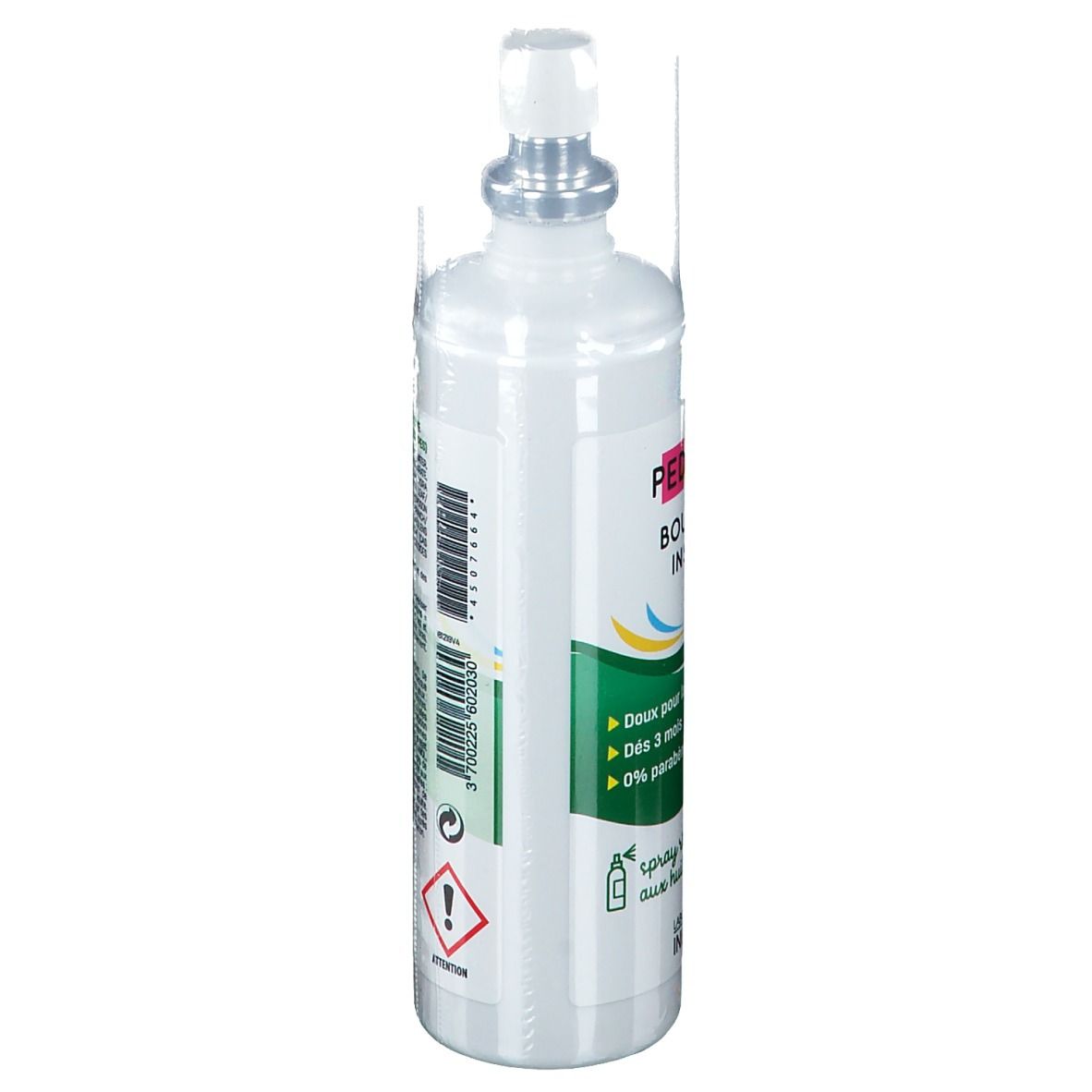 Spray blanc Pediakid Bouclier Insect'. Bouchon transparent. Inscription: Doux pour la peau, Dès 3 mois, 0% parabènes/phénoxyéthanol.