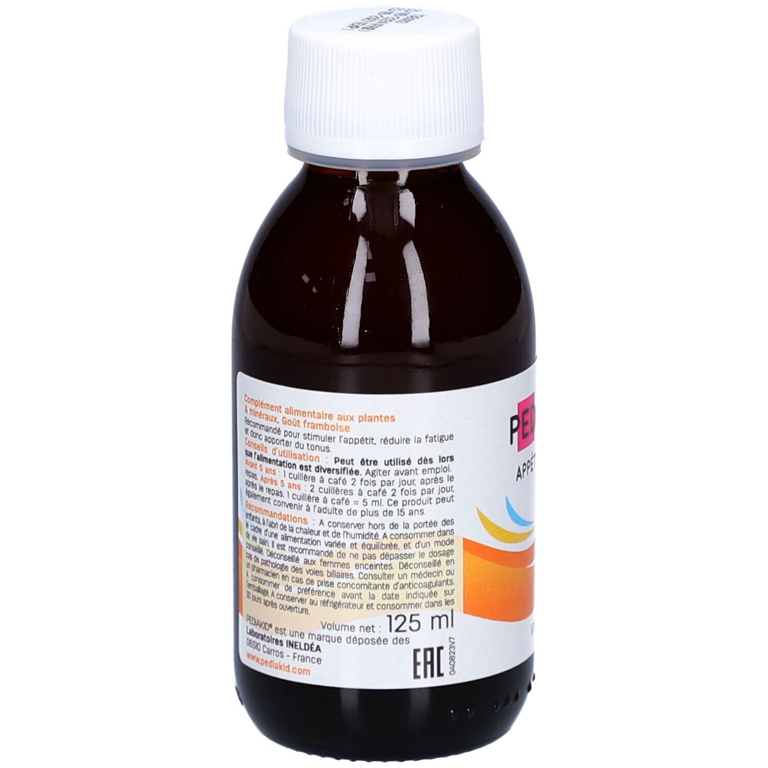 Flacon brun, bouchon blanc. Pediakid Appétit-Tonus. 125 ml. Informations au dos.
