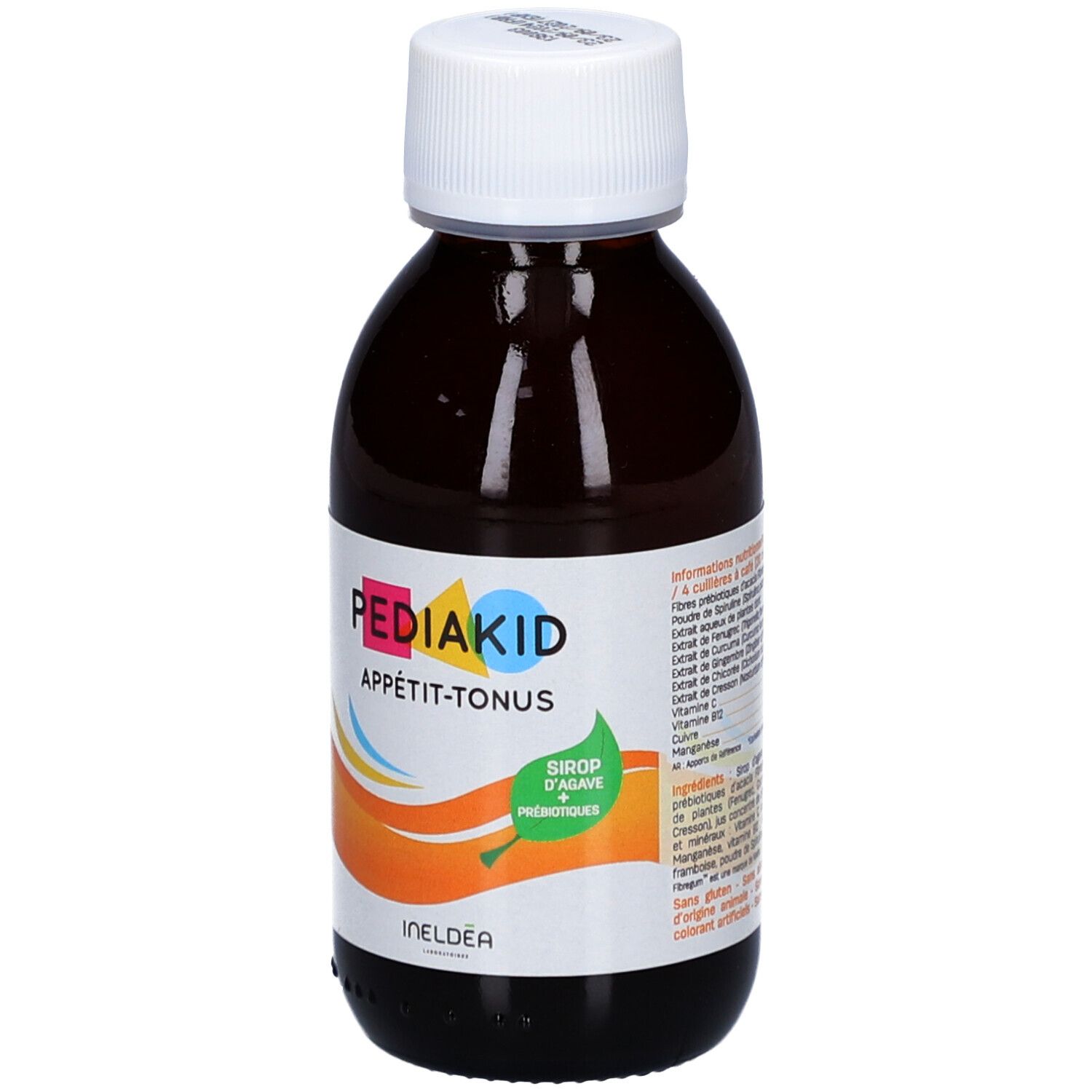 Flacon brun, bouchon blanc. Pediakid Appétit-Tonus. Sirop d'agave + prébiotiques.