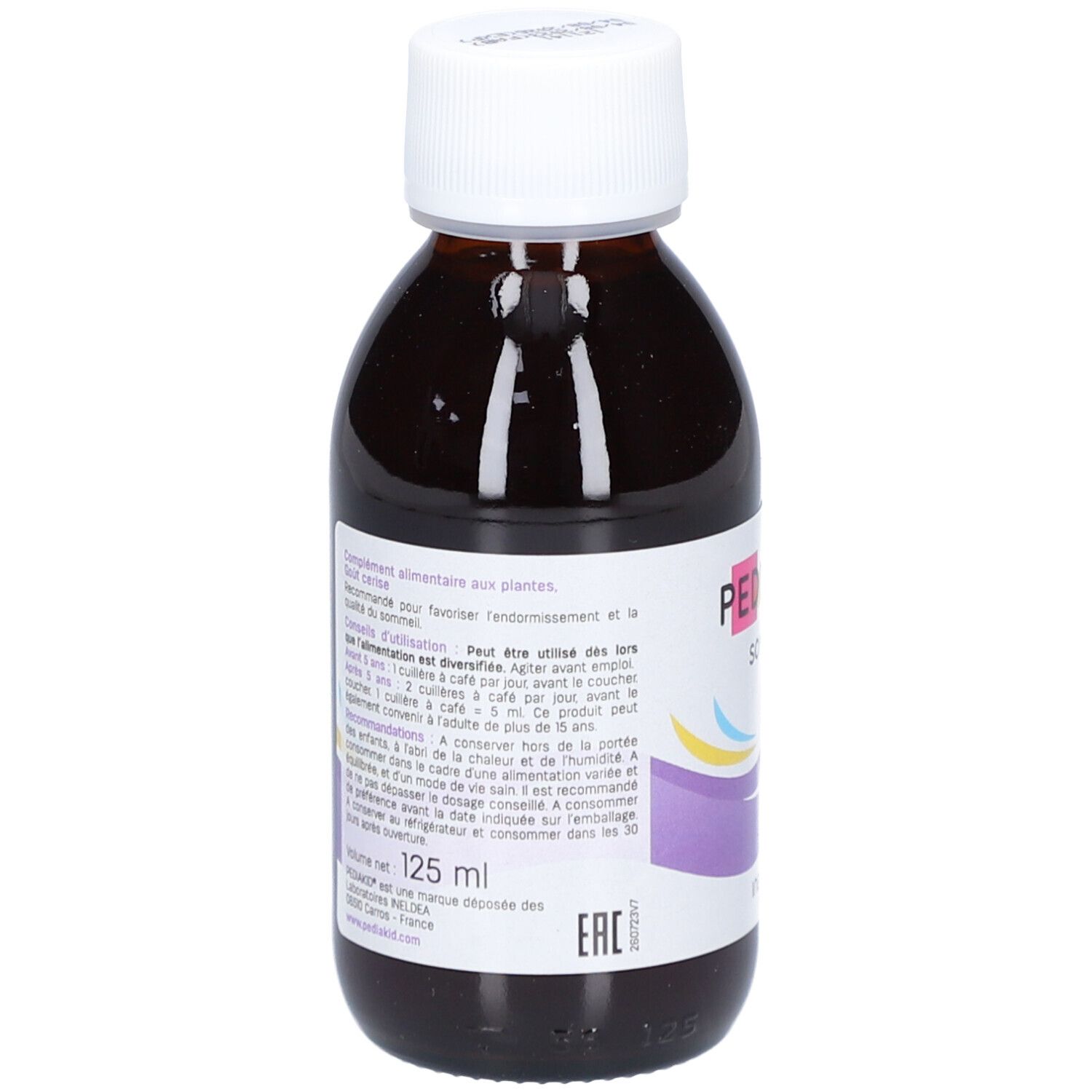 Flacon marron avec bouchon blanc. PEDIAKID Sommeil est écrit sur l'étiquette. 'Sirop d'agave + prébiotiques' est également écrit.
