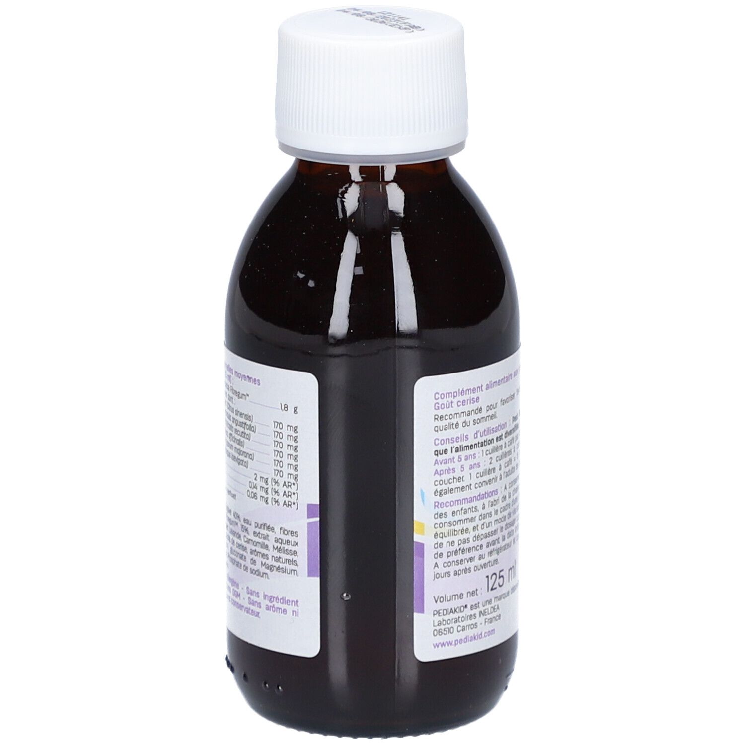 Flacon marron avec bouchon blanc. PEDIAKID Sommeil est écrit sur l'étiquette. 'Sirop d'agave + prébiotiques' est également écrit.