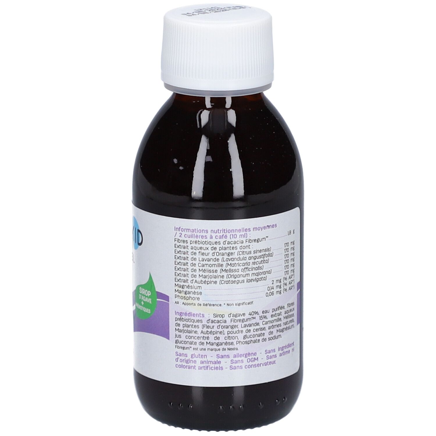 Flacon marron avec bouchon blanc. PEDIAKID Sommeil est écrit sur l'étiquette. 'Sirop d'agave + prébiotiques' est également écrit.