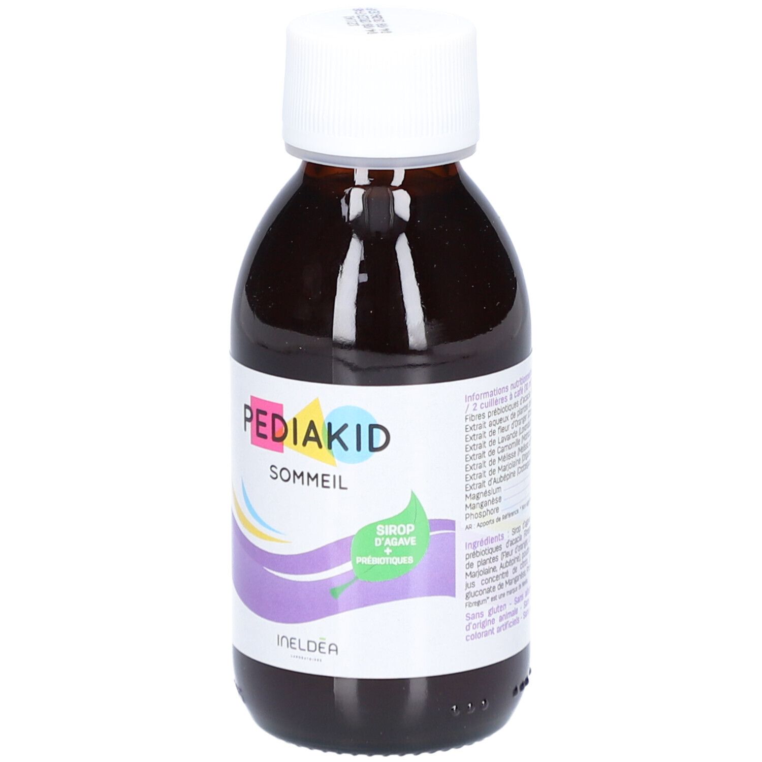 Flacon marron avec bouchon blanc. PEDIAKID Sommeil est écrit sur l'étiquette. 'Sirop d'agave + prébiotiques' est également écrit.