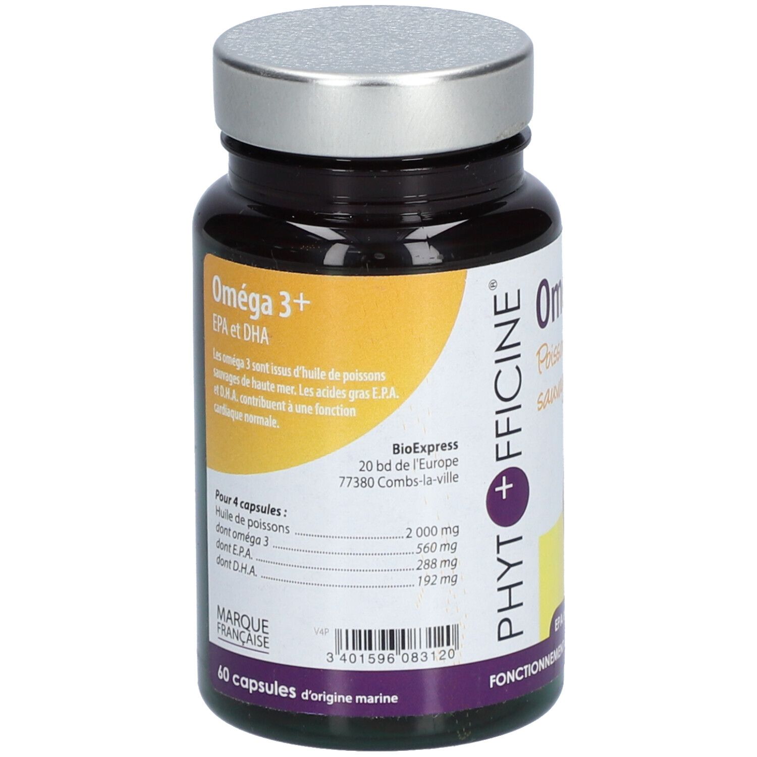 Flacon de gélules Oméga 3+ Phytofficine, bouchon argenté. Texte avec informations nutritionnelles. 60 gélules.