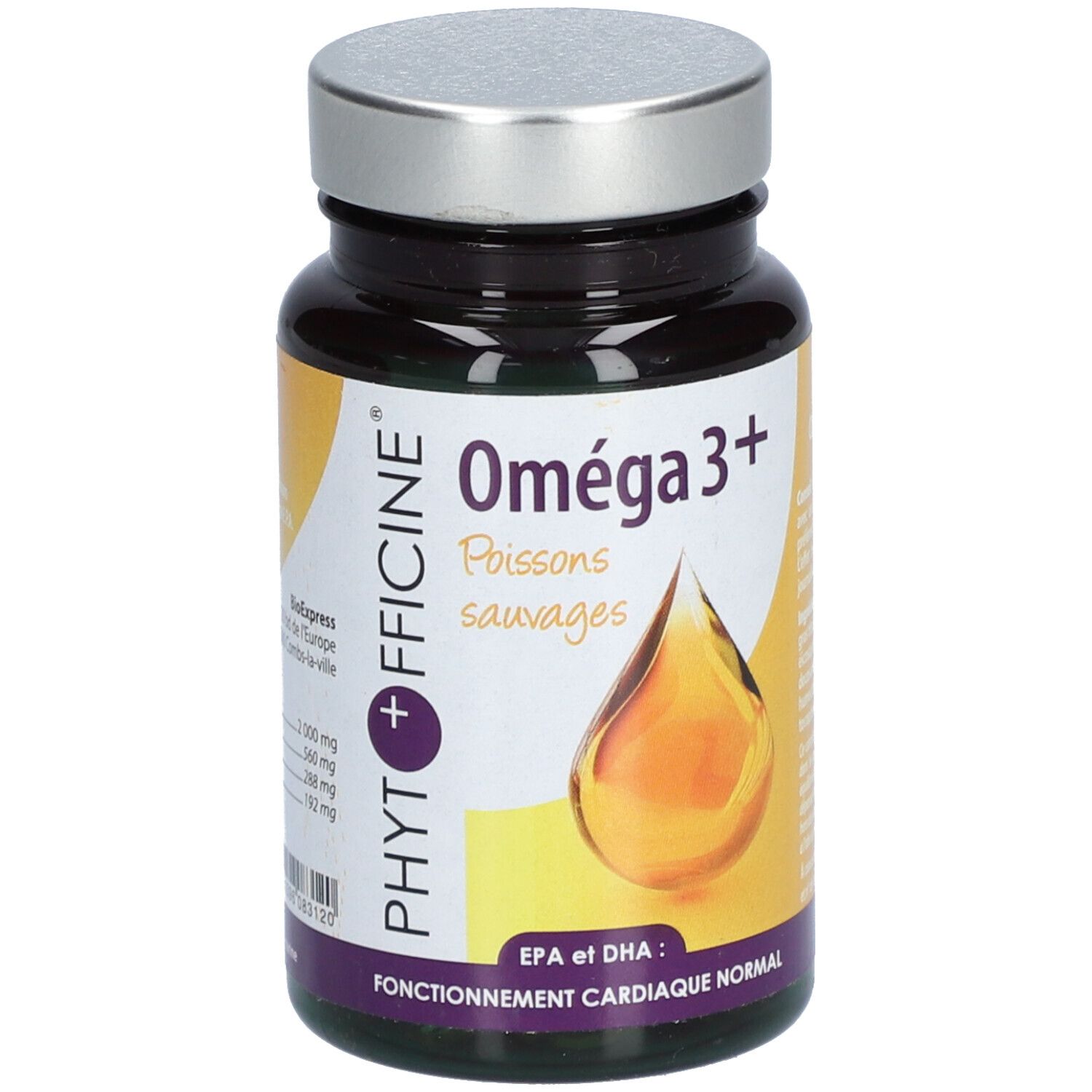 Flacon de gélules Oméga 3+ Phytofficine, bouchon argenté. Visuel d'une goutte d'huile. Inscription EPA et DHA.