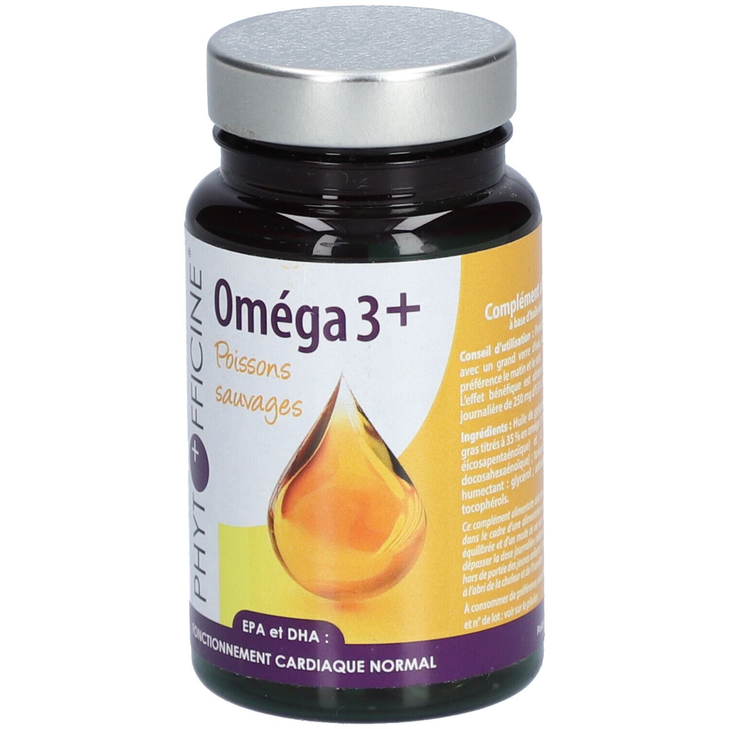 Flacon de gélules Oméga 3+ Phytofficine, bouchon argenté. Visuel d'une goutte d'huile. Inscription EPA et DHA.