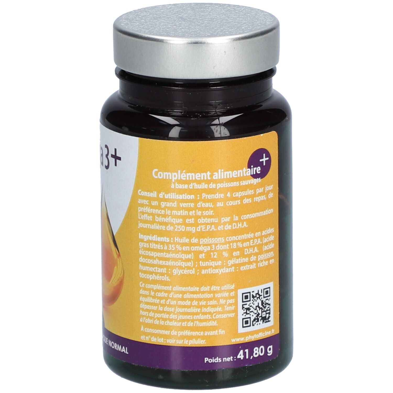 Flacon de gélules Oméga 3+ Phytofficine, bouchon argenté. Texte avec conseils d'utilisation. Poids net : 41,80 g.