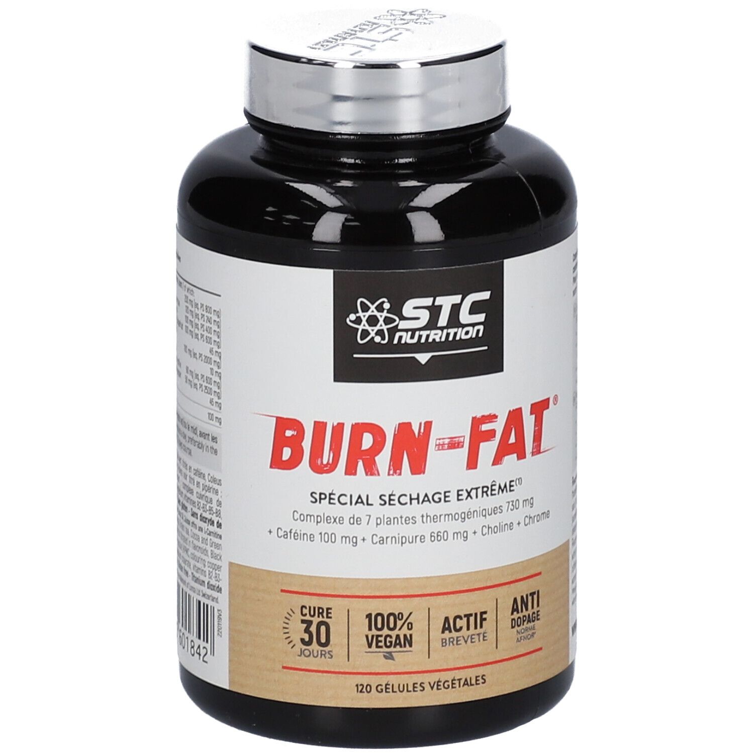 Flacon noir STC Nutrition Burn-Fat. Inscription BURN-FAT, Spécial Séchage Extrême. 120 gélules. Bouchon argenté.