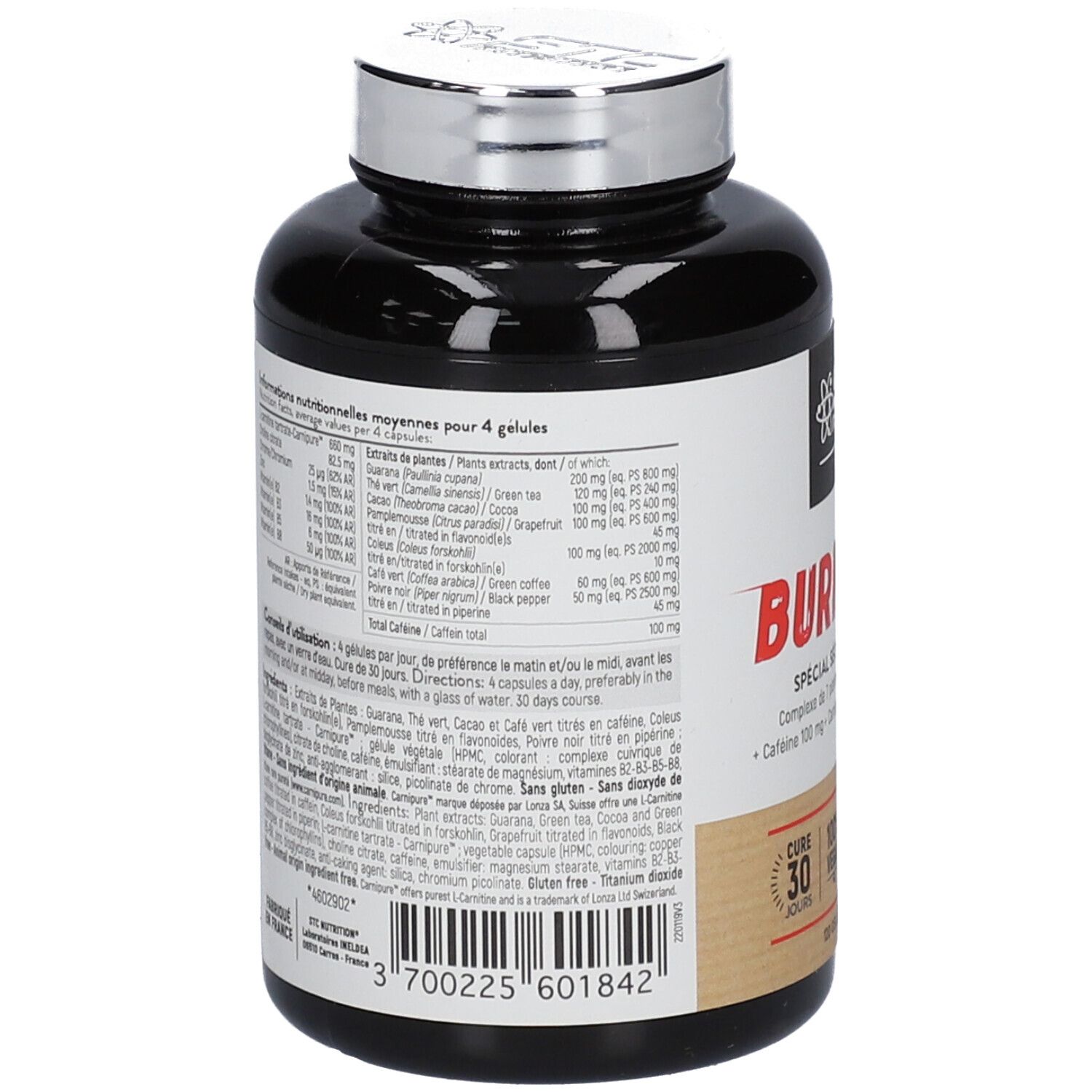 Dos du flacon noir STC Nutrition Burn-Fat. Informations ingrédients et valeurs nutritionnelles. 120 gélules.