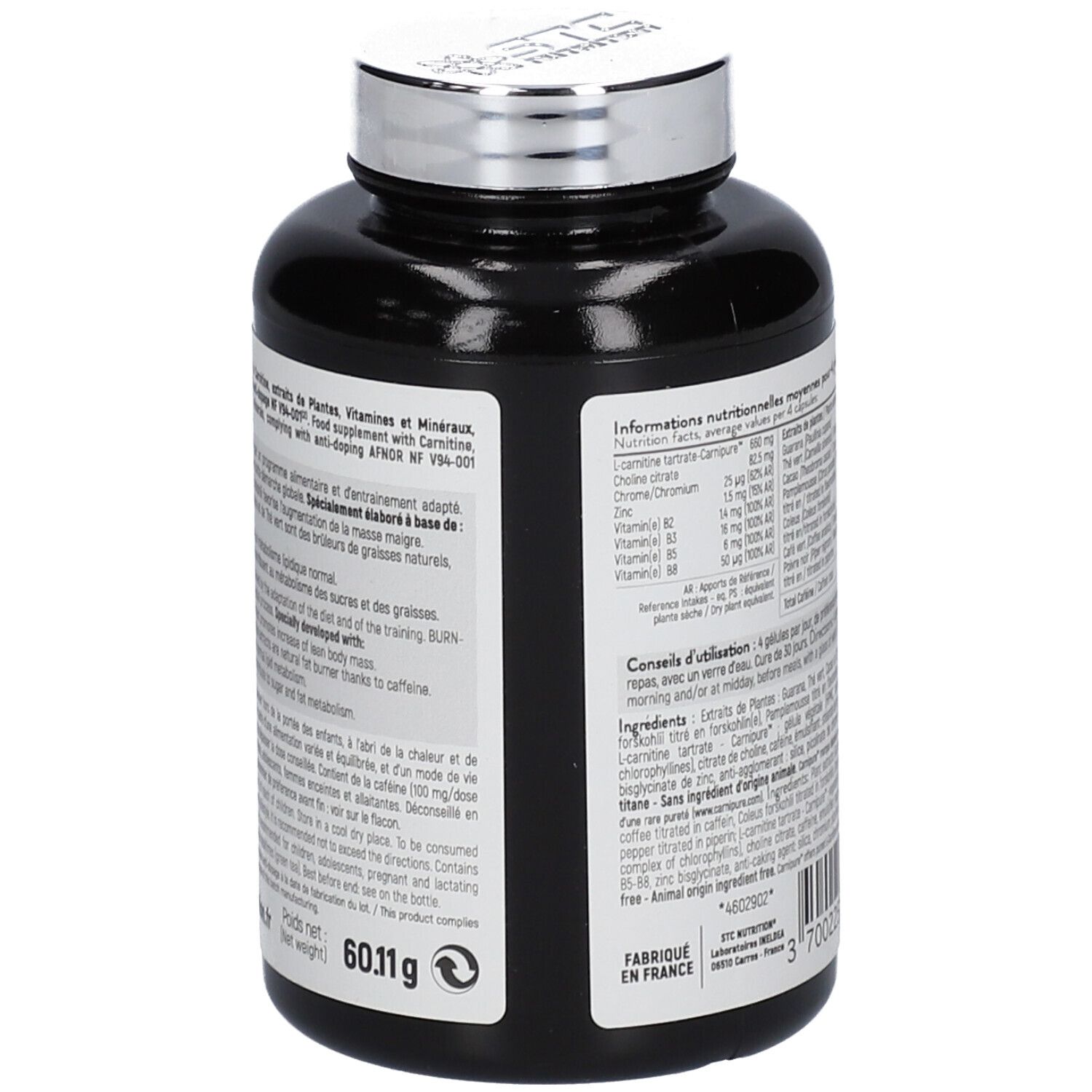 Dos du flacon noir STC Nutrition Burn-Fat. Informations ingrédients et valeurs nutritionnelles. Poids net 60,11g.