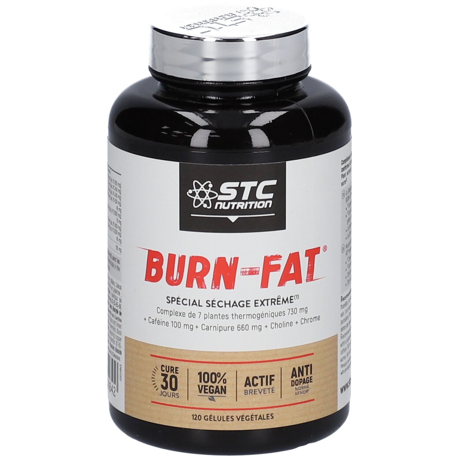 Flacon noir STC Nutrition Burn-Fat. Inscription BURN-FAT, Spécial Séchage Extrême. 120 gélules. Bouchon argenté.