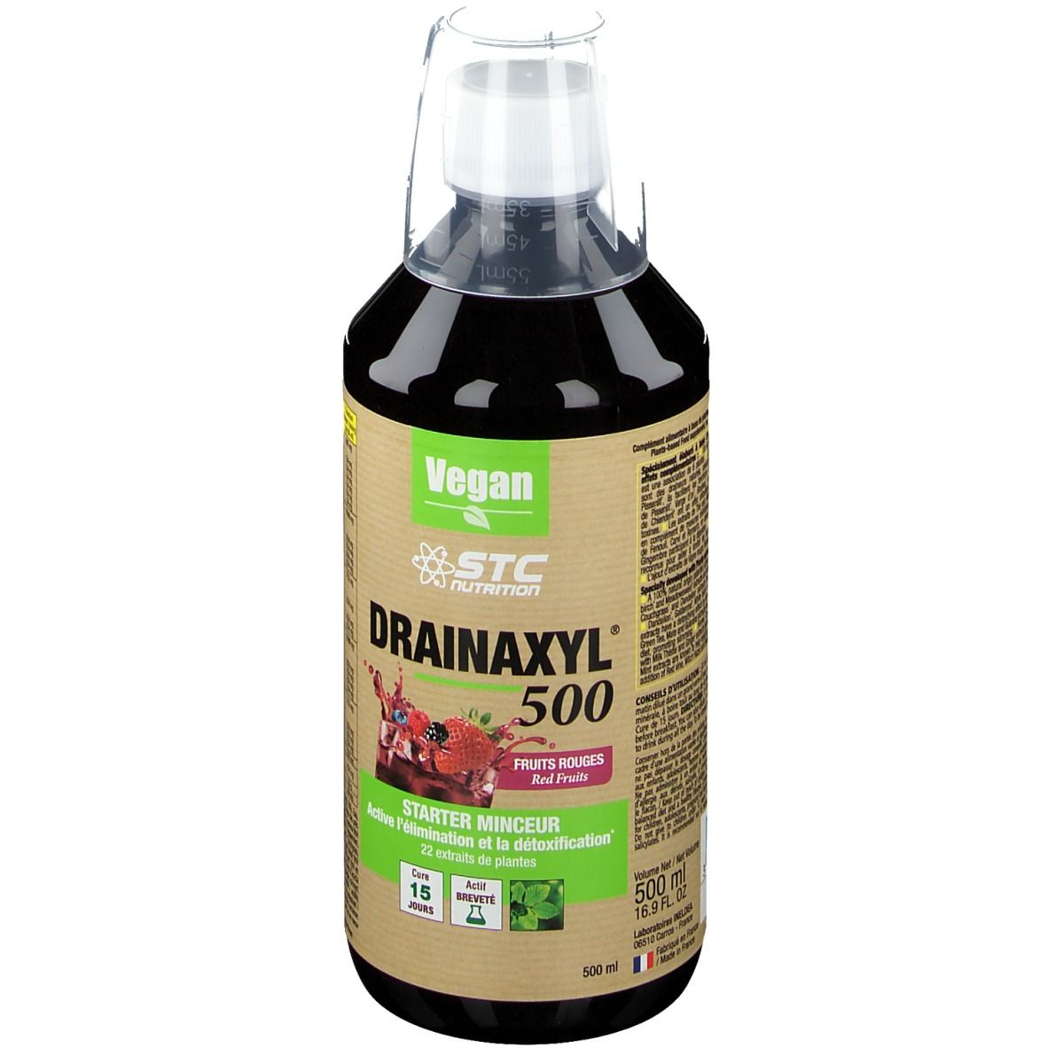 Bouteille avec liquide rouge. Inscription: STC Nutrition Drainaxyl 500. Logo vegan. Avec fruits. Starter Mincur.
