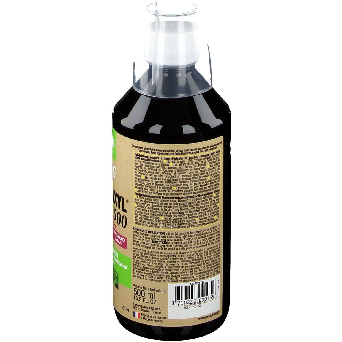Bouteille avec liquide rouge. Dos avec texte. Inscription: Drainaxyl 500. Logo vegan. 500 ml.