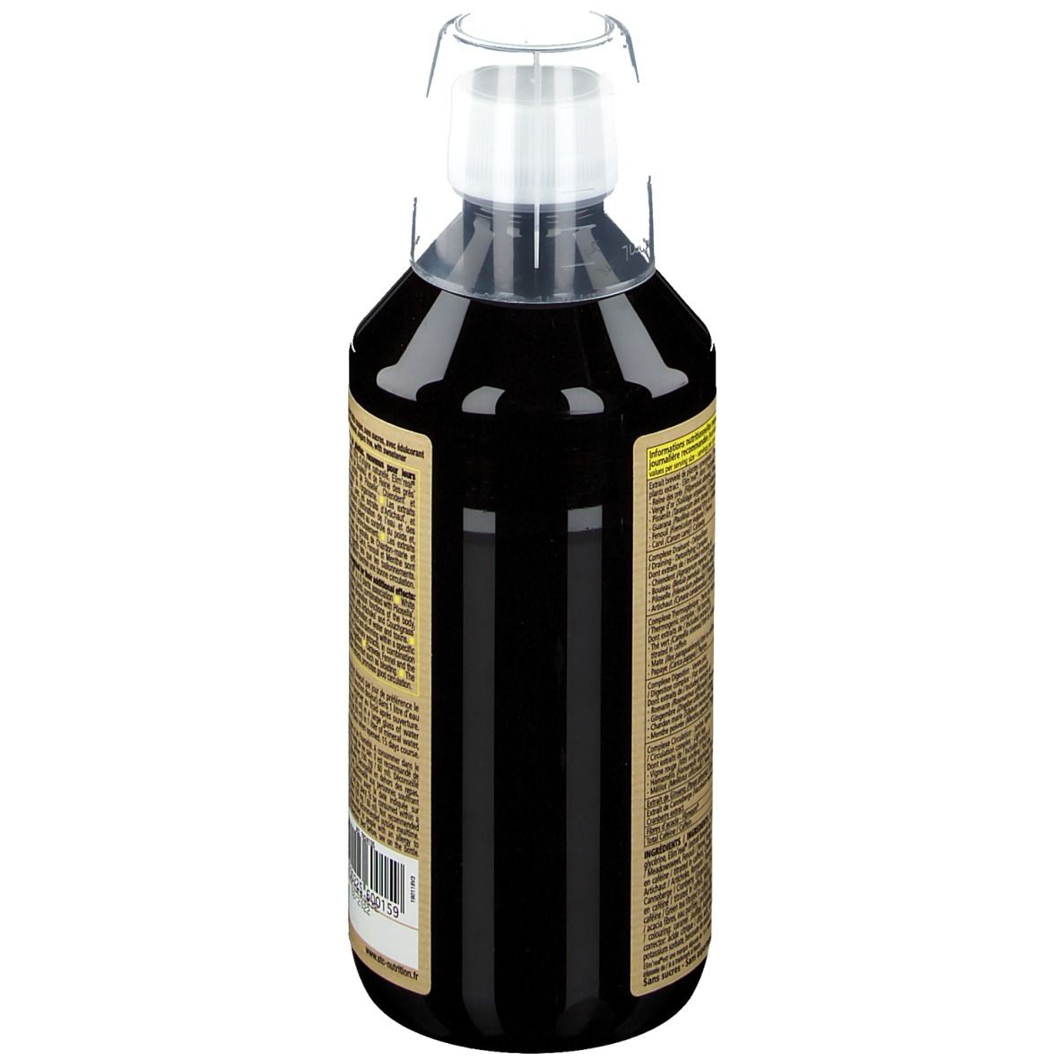 Bouteille avec liquide rouge. Dos avec texte. Inscription: Drainaxyl 500. Logo vegan. 500 ml.