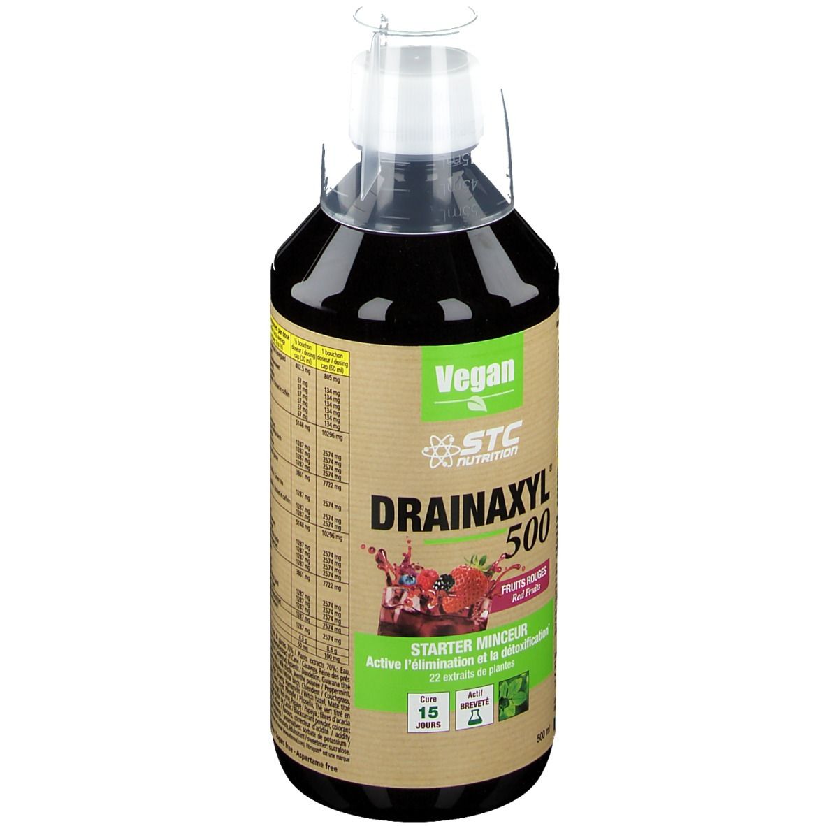 Bouteille avec liquide rouge. Inscription: STC Nutrition Drainaxyl 500. Logo vegan. Avec fruits. Starter Mincur.
