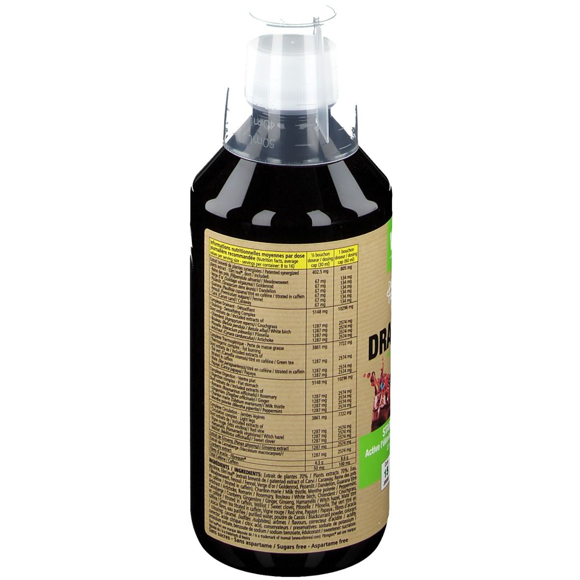 Bouteille avec liquide rouge. Dos avec texte. Inscription: Drainaxyl 500. Logo vegan. 500 ml.