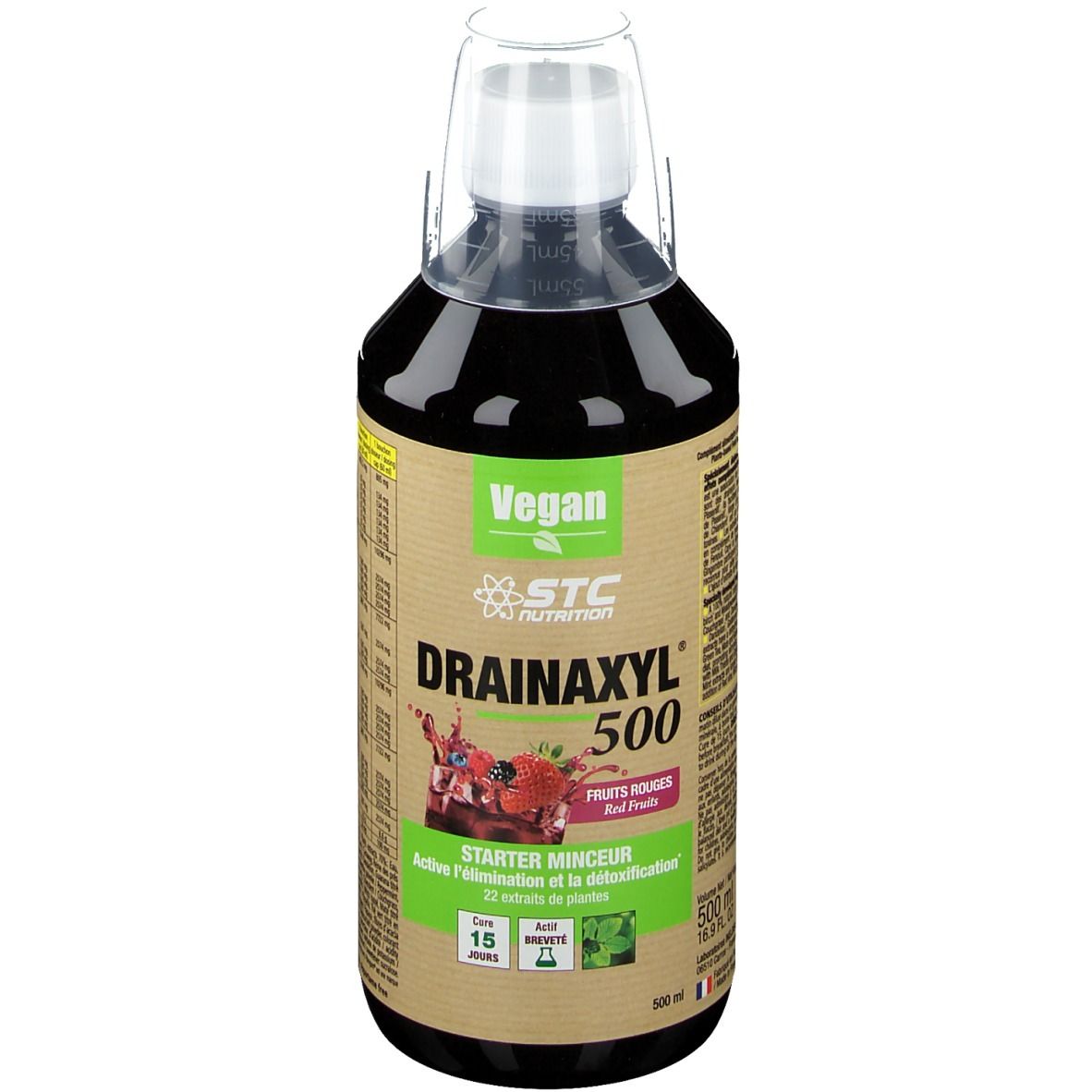 Bouteille avec liquide rouge. Inscription: STC Nutrition Drainaxyl 500. Logo vegan. Avec fruits. Starter Mincur.
