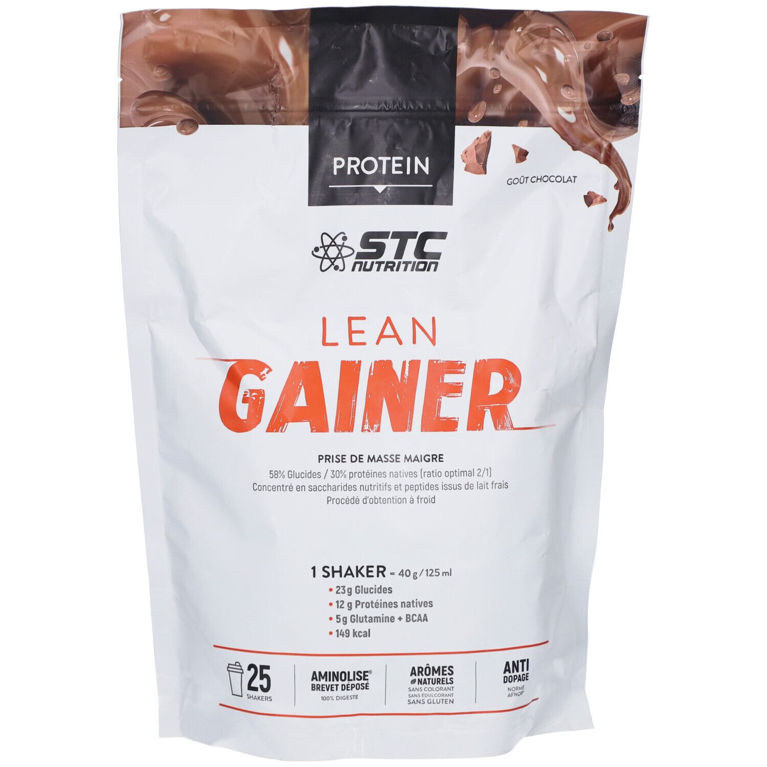 Poudre STC Nutrition Lean Gainer chocolat dans un sachet blanc, avec design et texte chocolat.