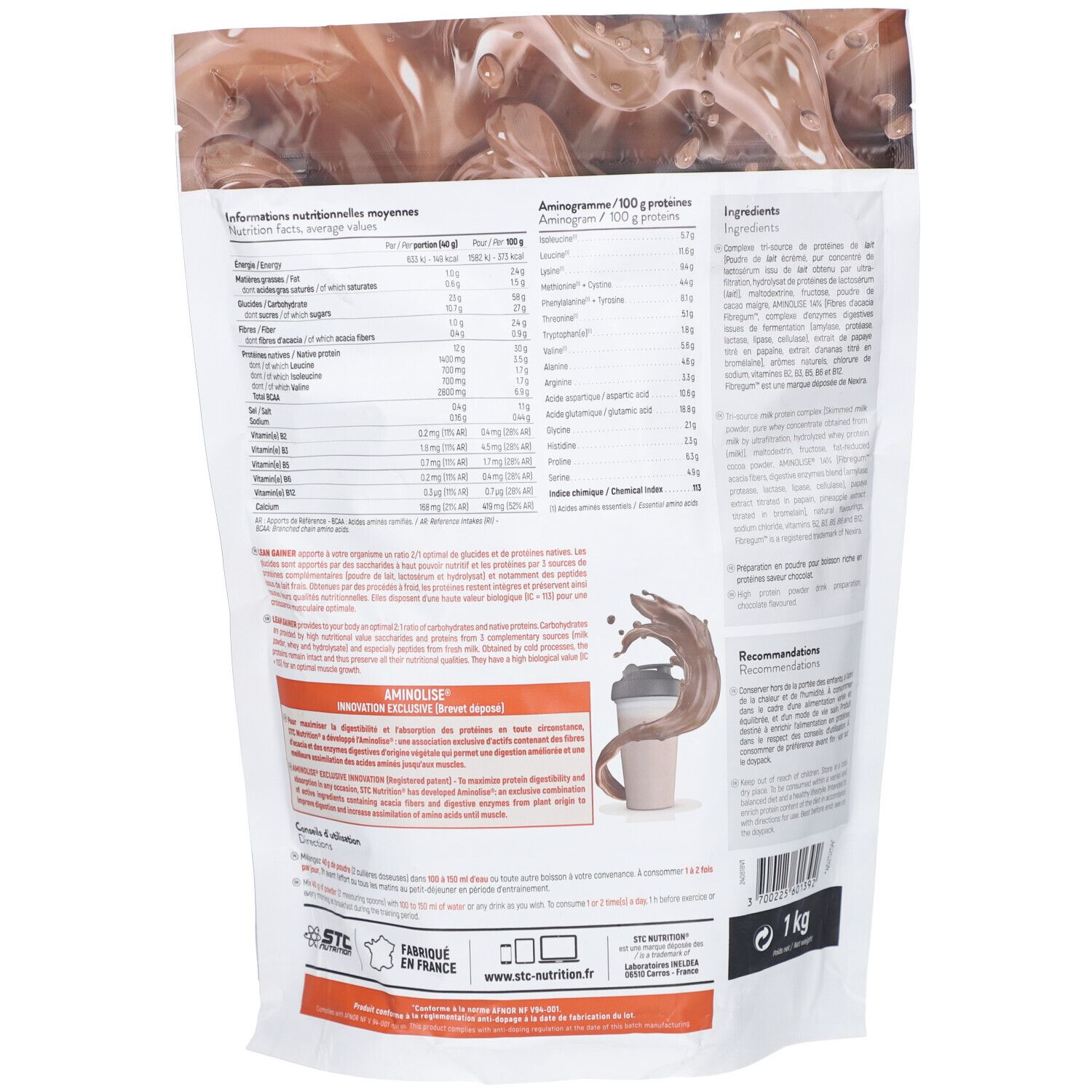 Dos d'un sachet de poudre STC Nutrition Lean Gainer chocolat, informations nutritionnelles et préparation.