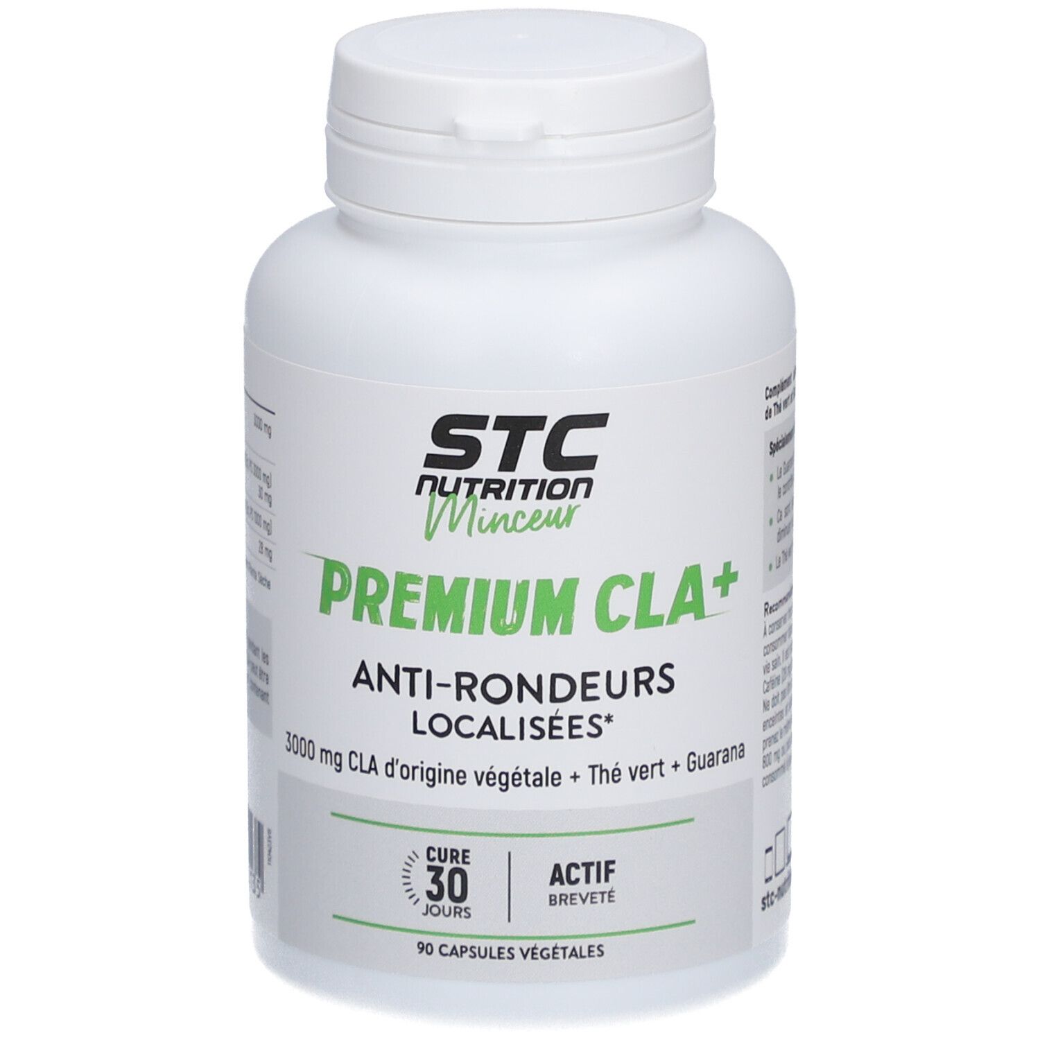 Flacon blanc STC Nutrition Premium CLA+. Texte: Anti-Rondeurs Localisées. 90 gélules. Étiquette verte et blanche.