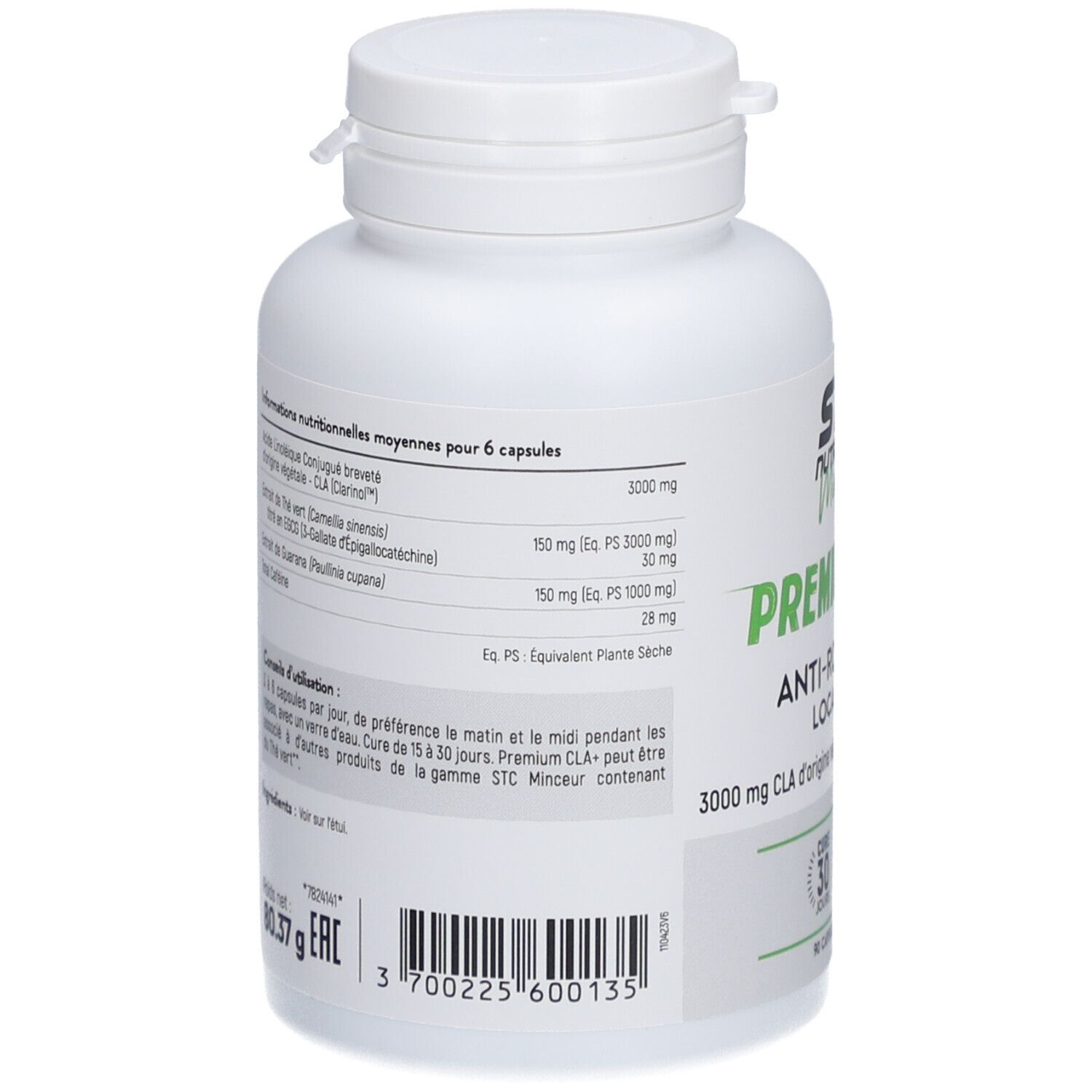 Dos du flacon blanc STC Nutrition Premium CLA+. Texte et informations nutritionnelles. 90 gélules.