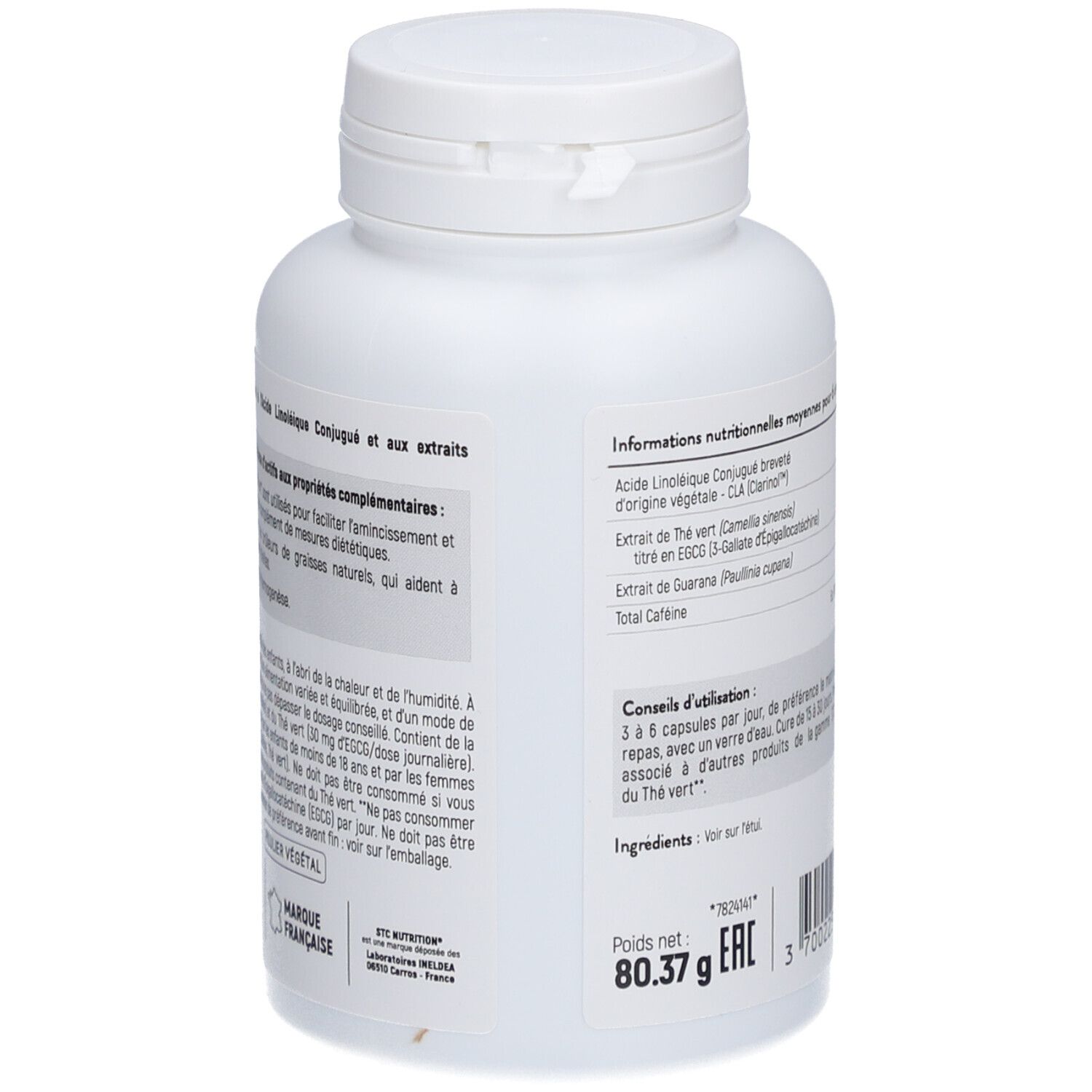 Dos du flacon blanc STC Nutrition Premium CLA+. Texte et informations nutritionnelles. 90 gélules.