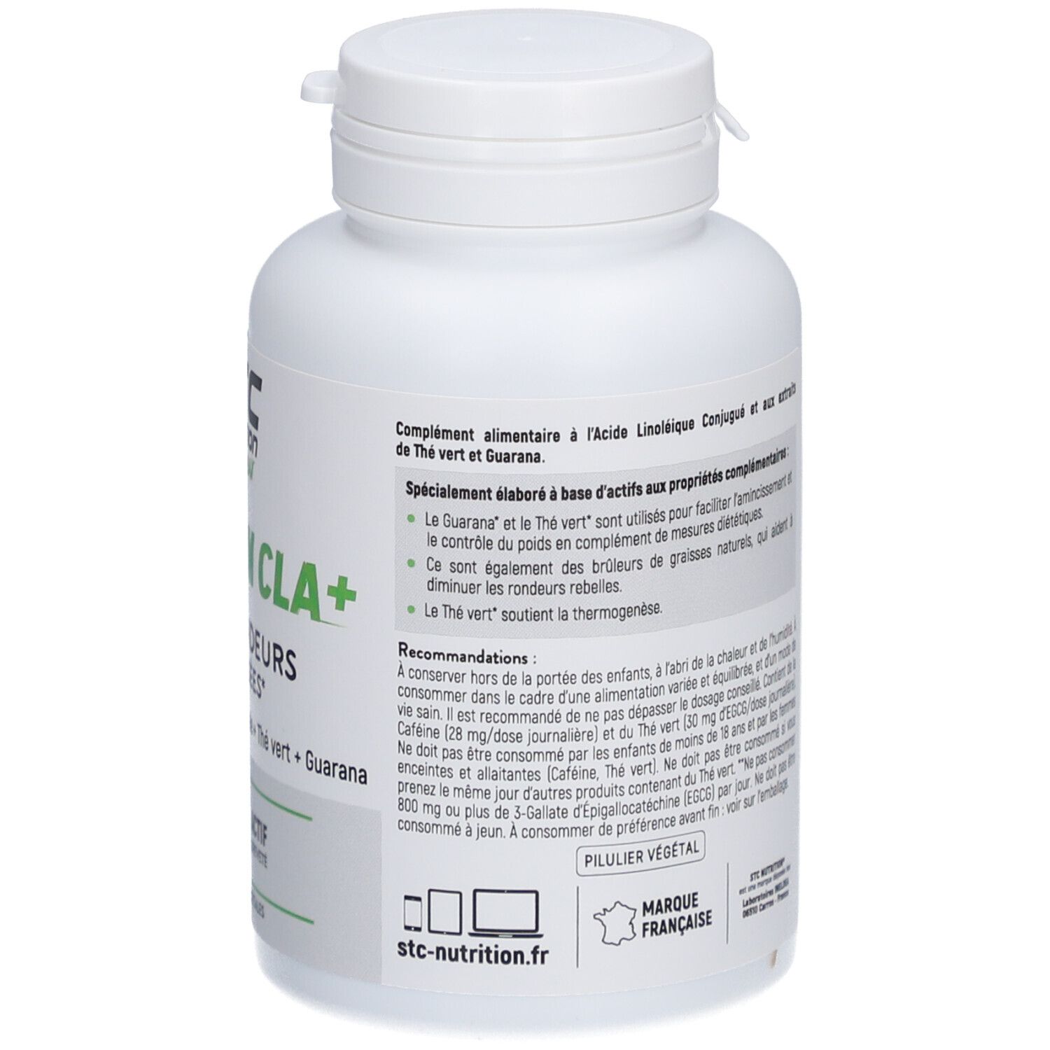 Dos du flacon blanc STC Nutrition Premium CLA+. Texte et informations nutritionnelles. 90 gélules.
