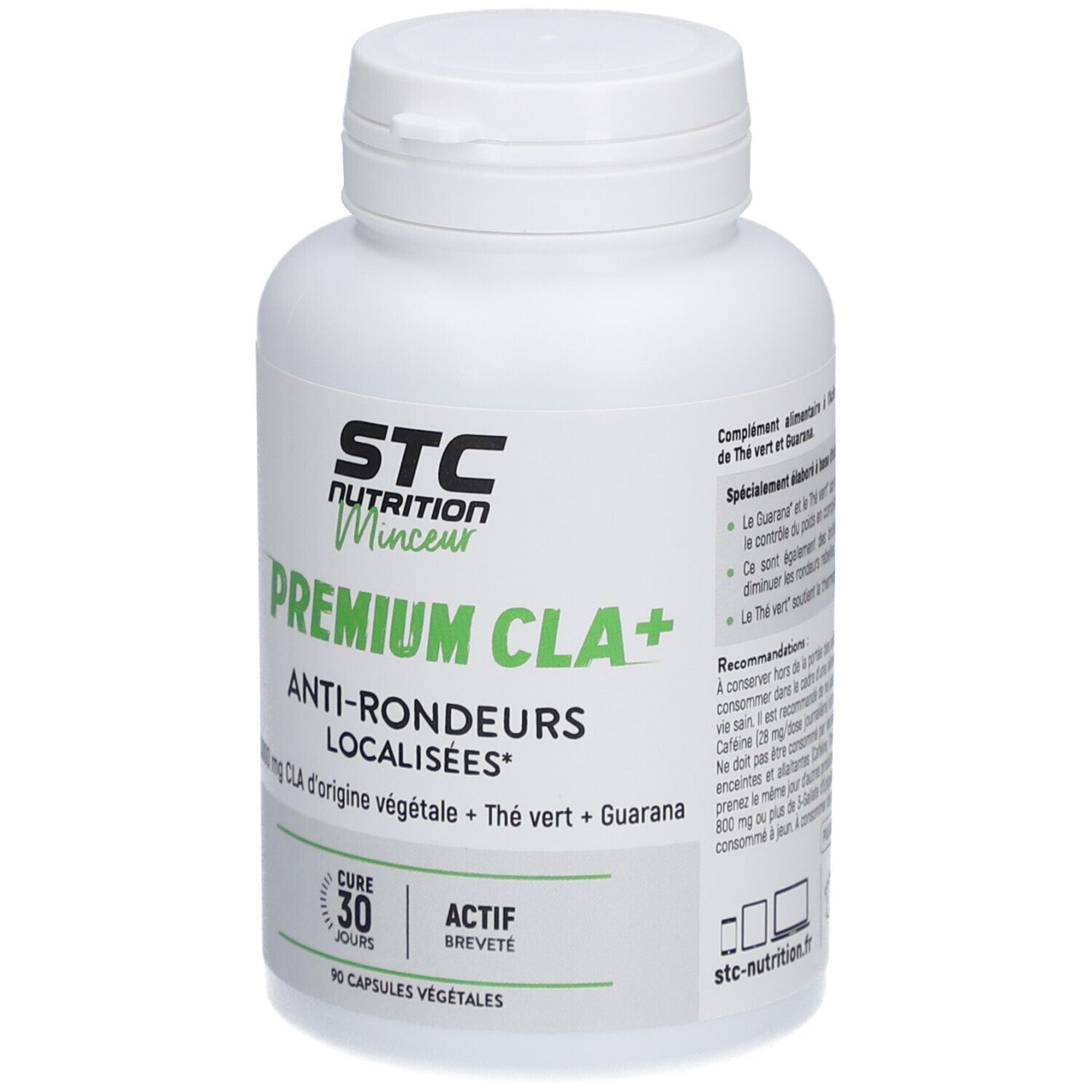 Flacon blanc STC Nutrition Premium CLA+. Texte: Anti-Rondueurs Localisées. 90 gélules. Étiquette verte et blanche.