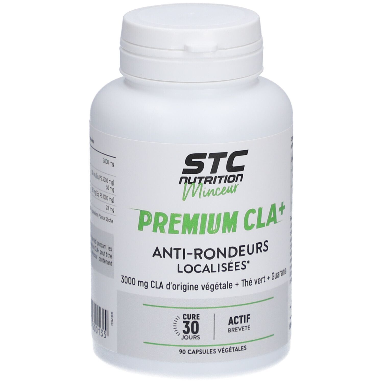 Flacon blanc STC Nutrition Premium CLA+. Texte: Anti-Rondueurs Localisées. 90 gélules. Étiquette verte et blanche.