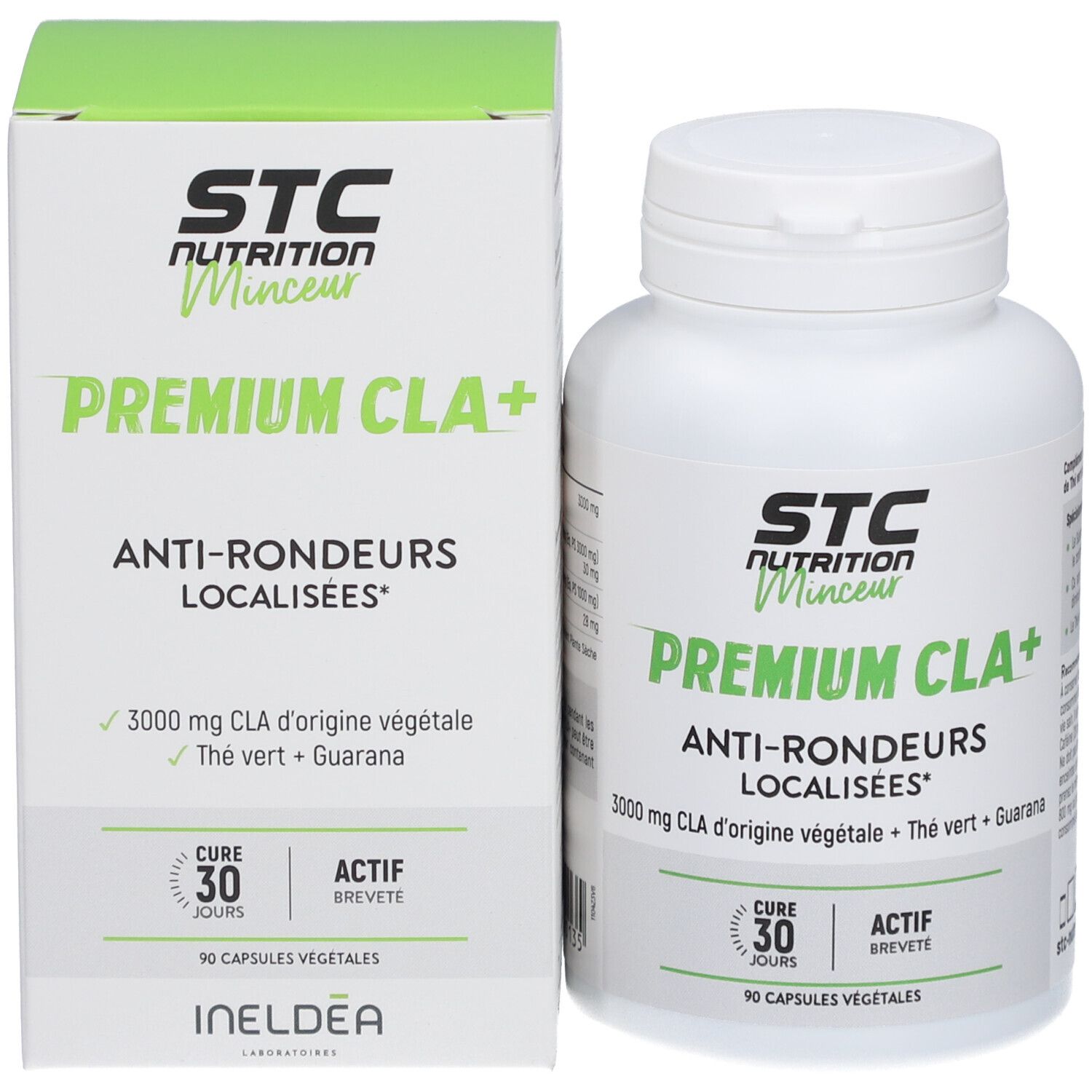 Flacon blanc et boîte STC Nutrition Premium CLA+. Texte: Anti-Rondueurs Localisées. 90 gélules.