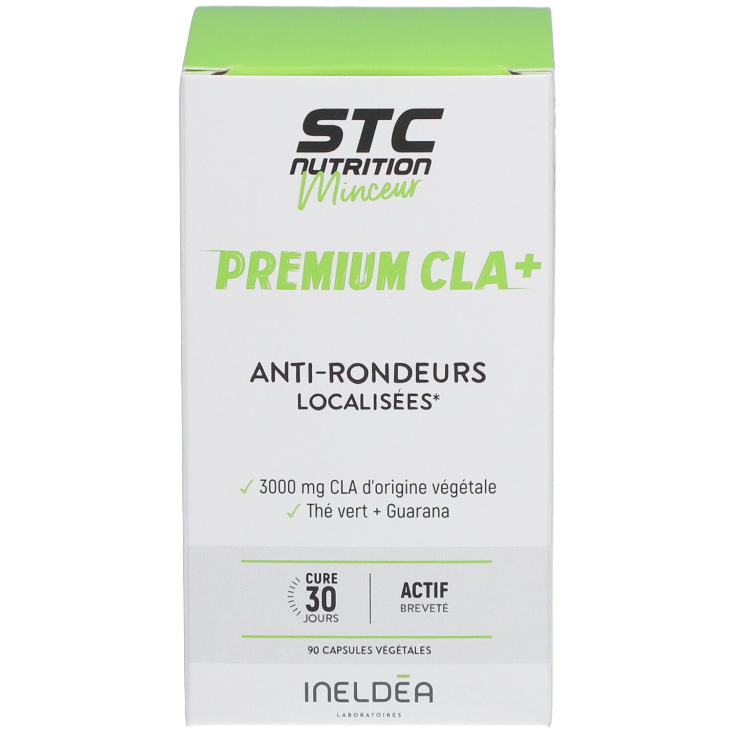Boîte verte et blanche STC Nutrition Premium CLA+. Texte: Anti-Rondueurs Localisées. 90 gélules. INELDEA.