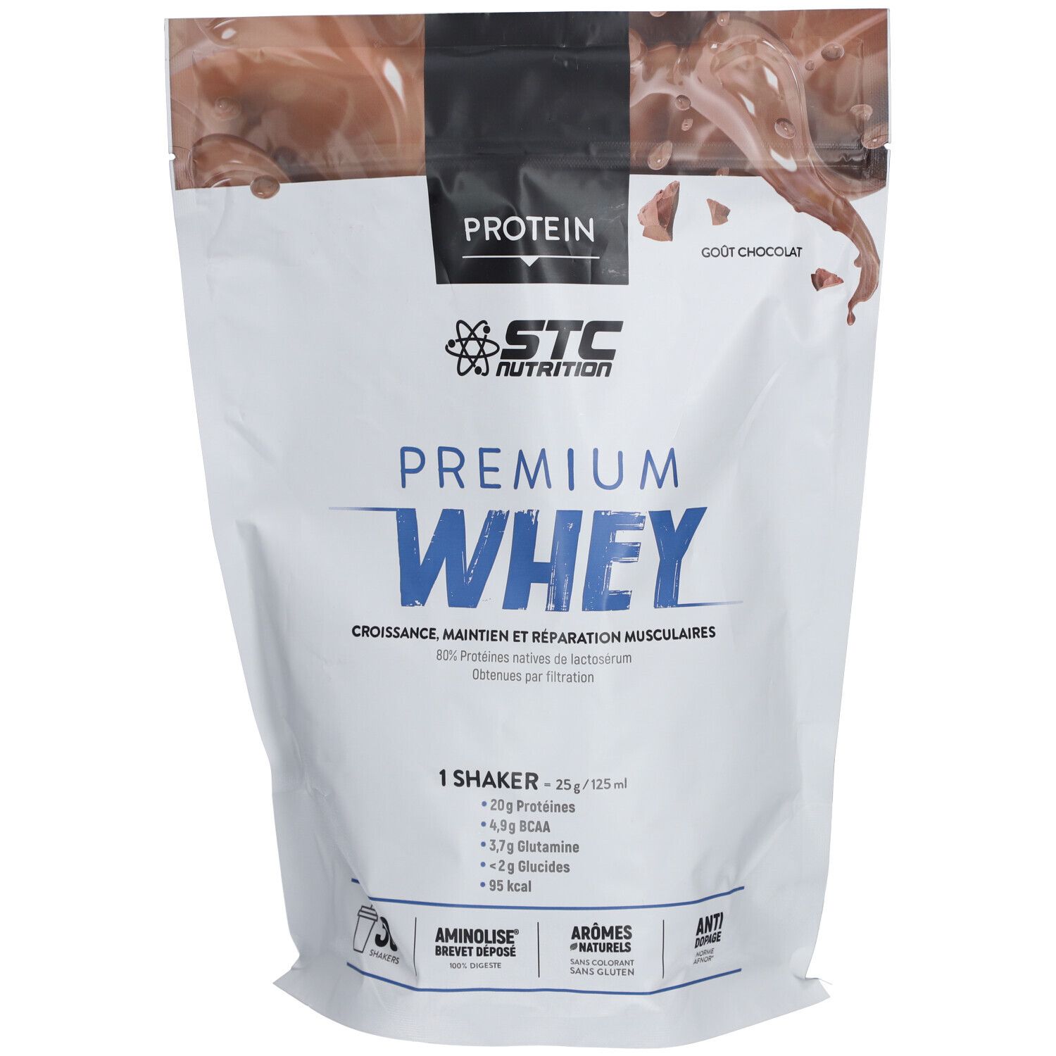 Poudre de protéine STC Nutrition Premium Whey Chocolat dans un sachet. Contient des acides aminés et BCAA.