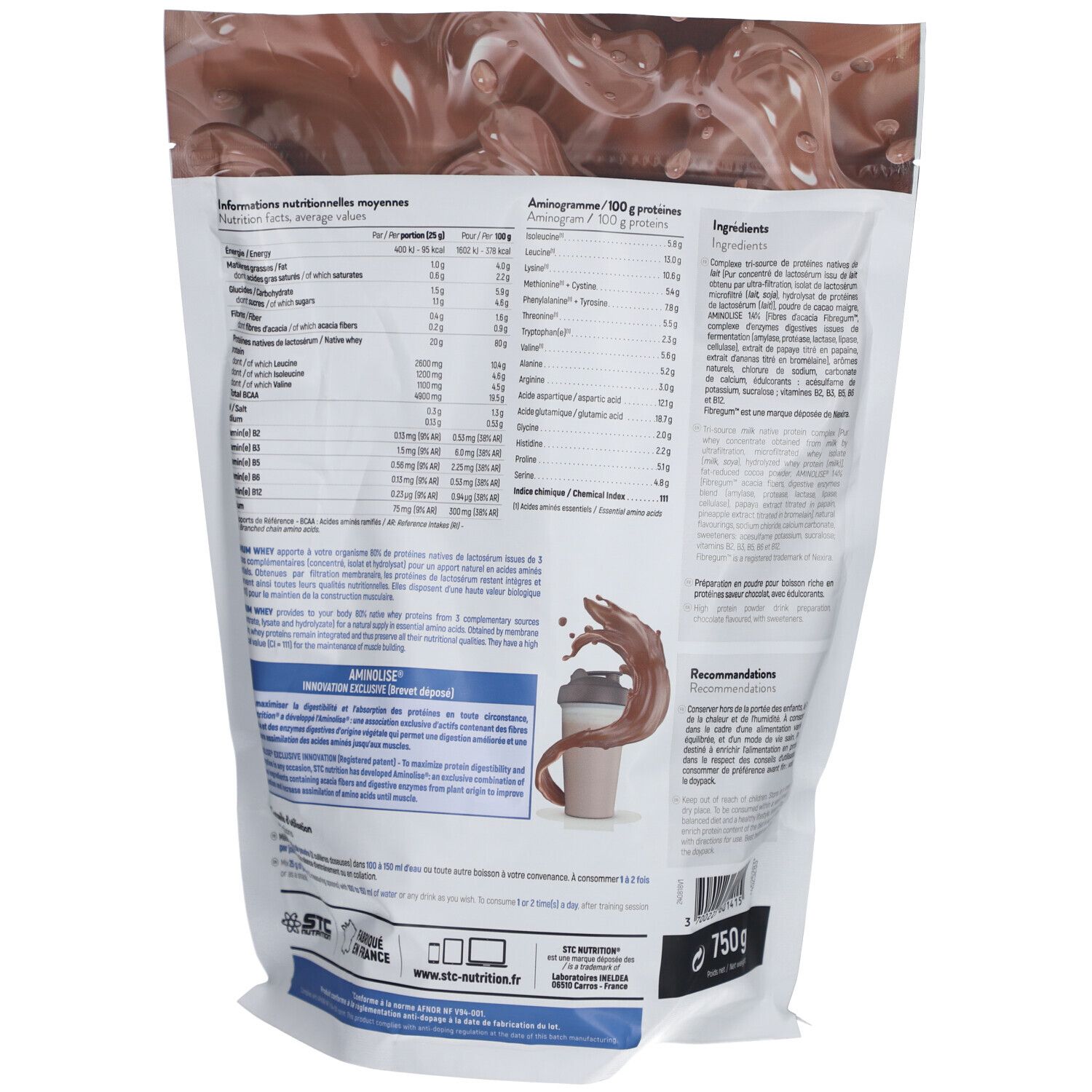 Dos d'un sachet de poudre de protéine STC Nutrition Premium Whey Chocolat avec informations nutritionnelles et ingrédients.