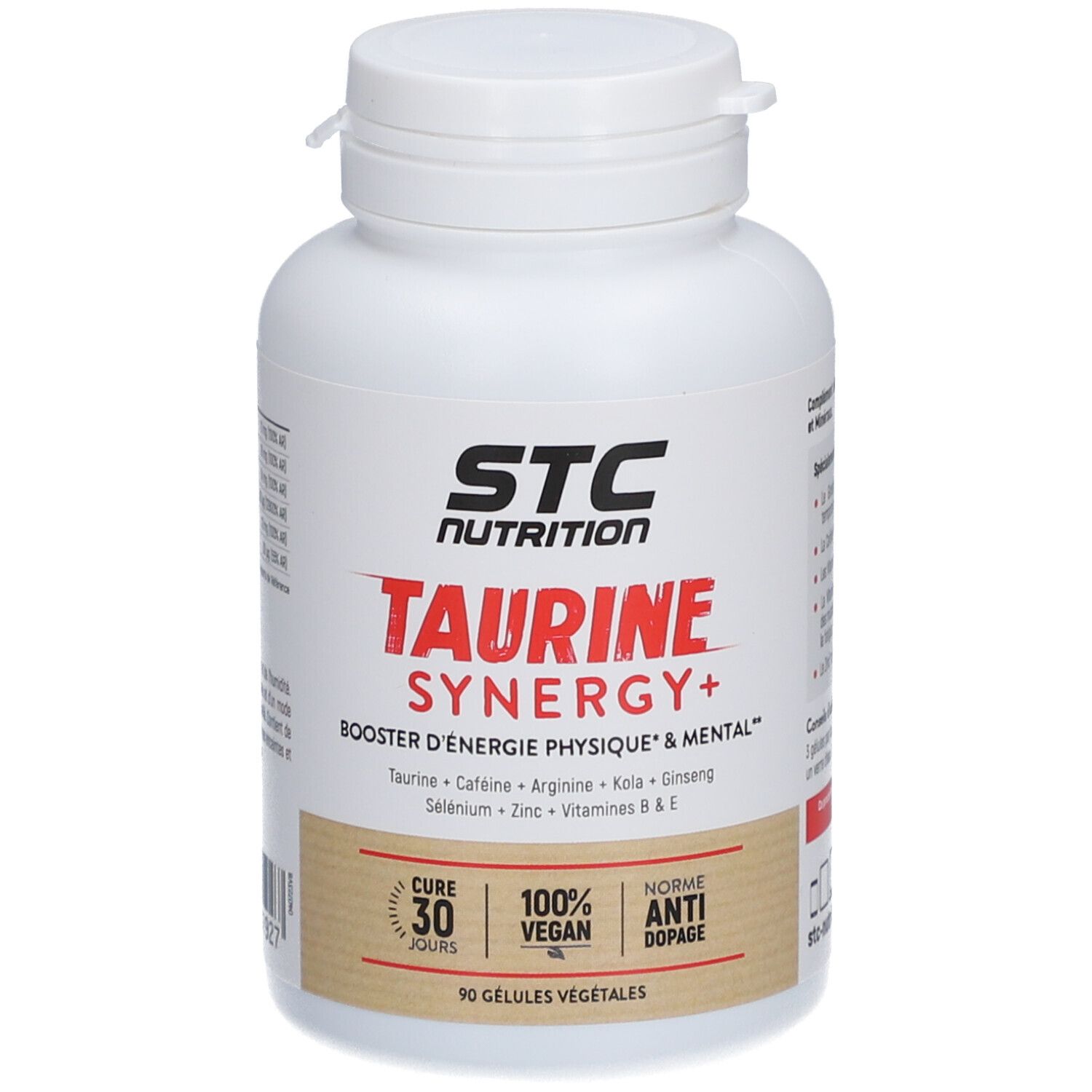Flacon blanc STC Nutrition Taurine Synergy+. 90 gélules. Vegan, anti-dopage. Booster d'énergie physique & mentale.