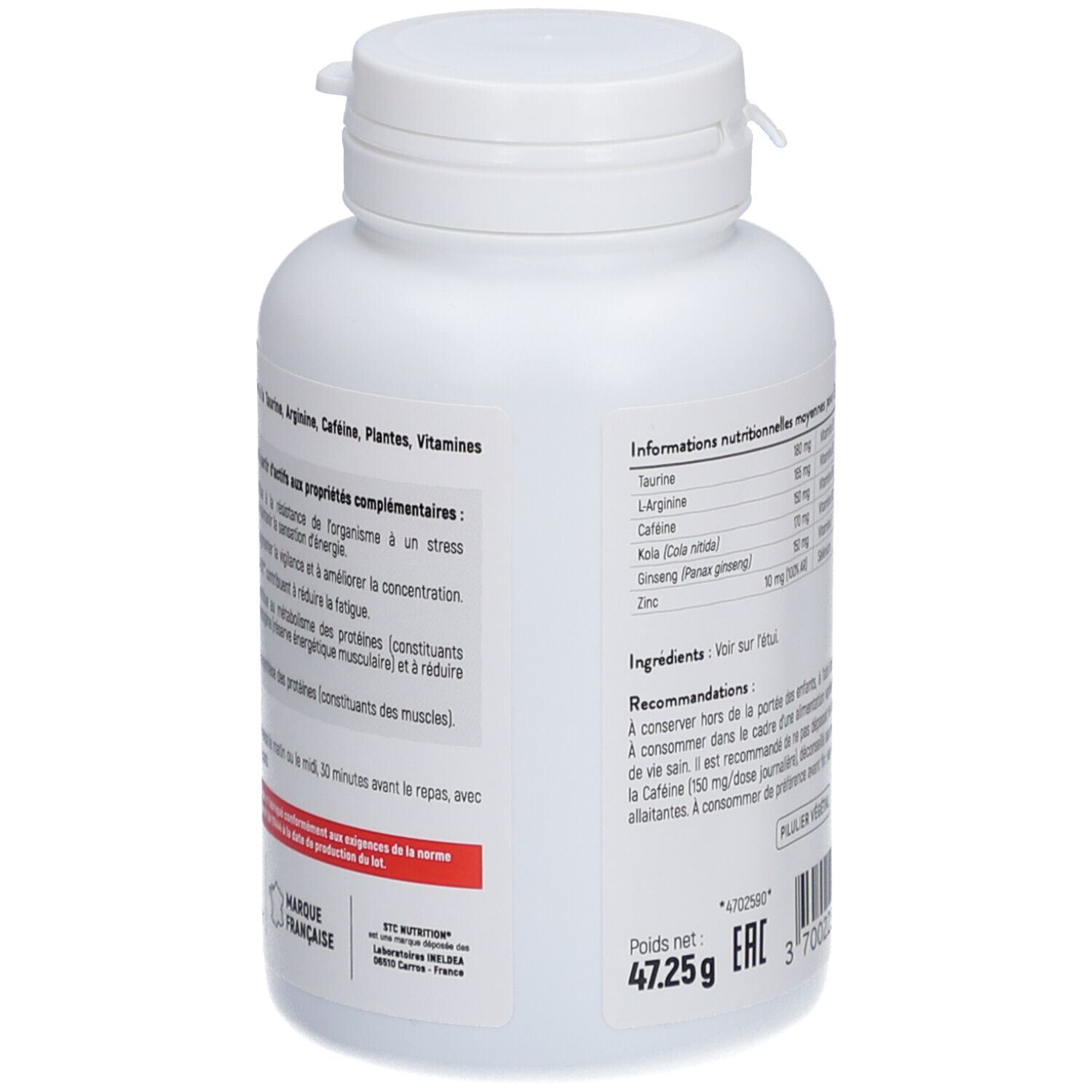 Dos du flacon STC Nutrition Taurine Synergy+. Informations nutritionnelles et conseils d'utilisation.