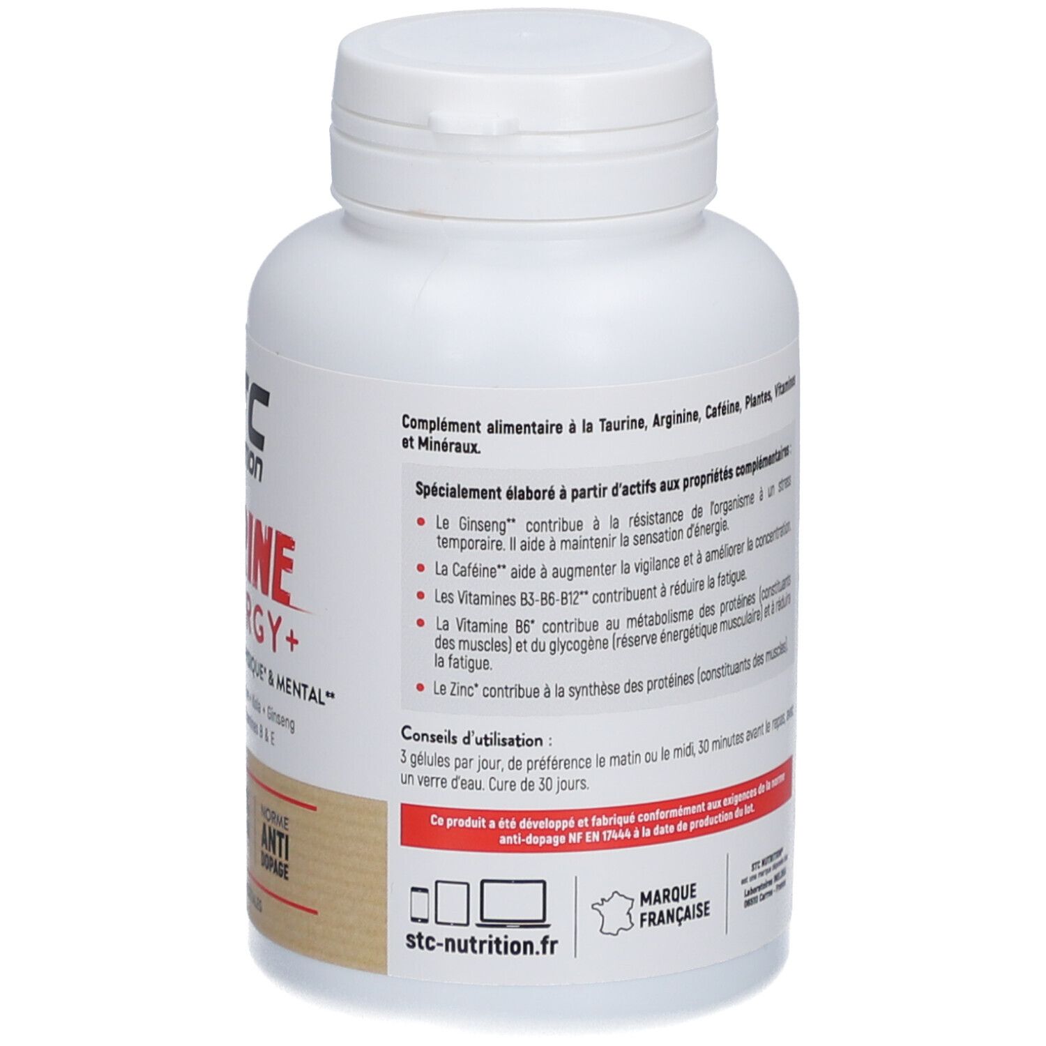 Dos du flacon STC Nutrition Taurine Synergy+. Conseils d'utilisation et ingrédients.