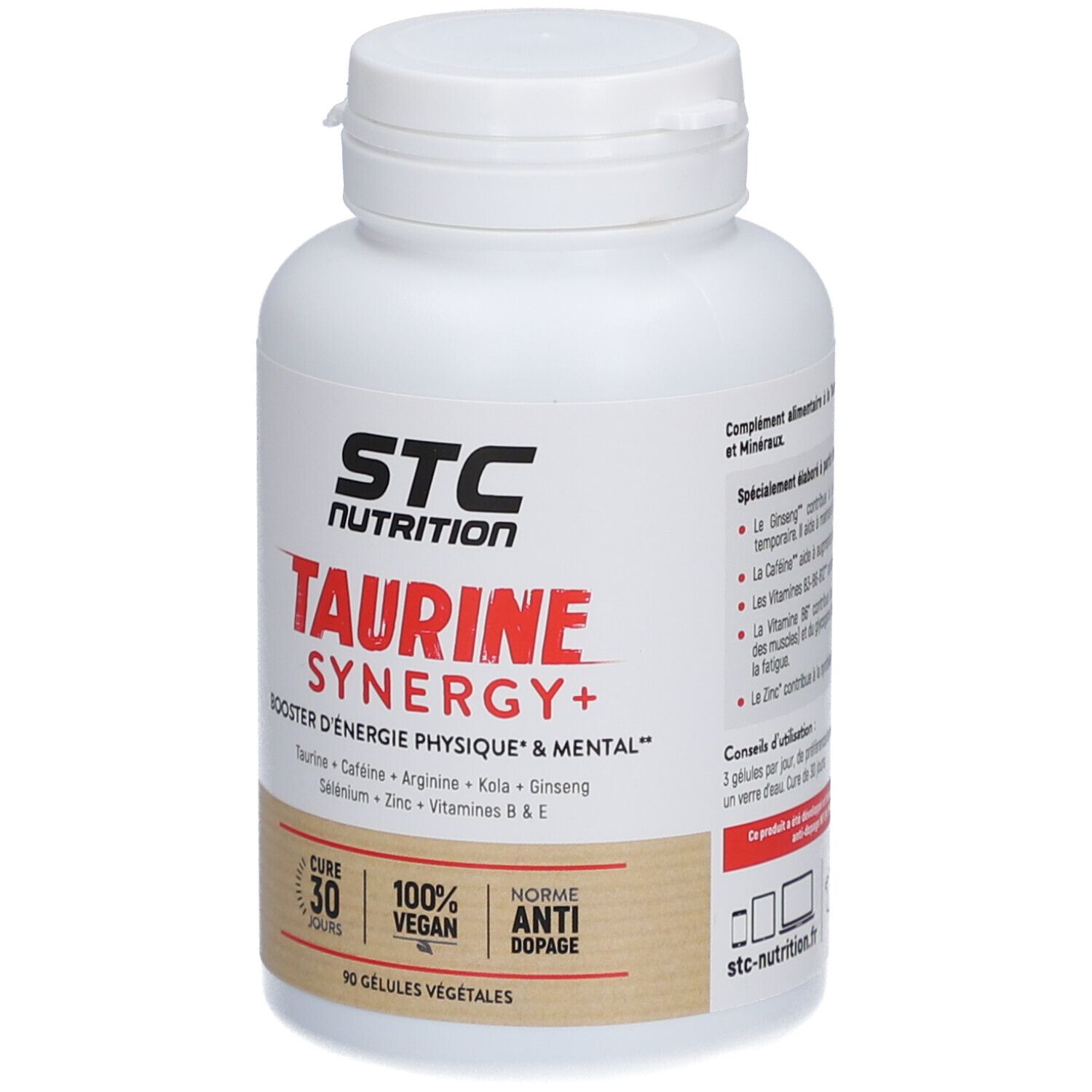 Flacon blanc STC Nutrition Taurine Synergy+. 90 gélules. Vegan, anti-dopage. Booster d'énergie physique & mentale.