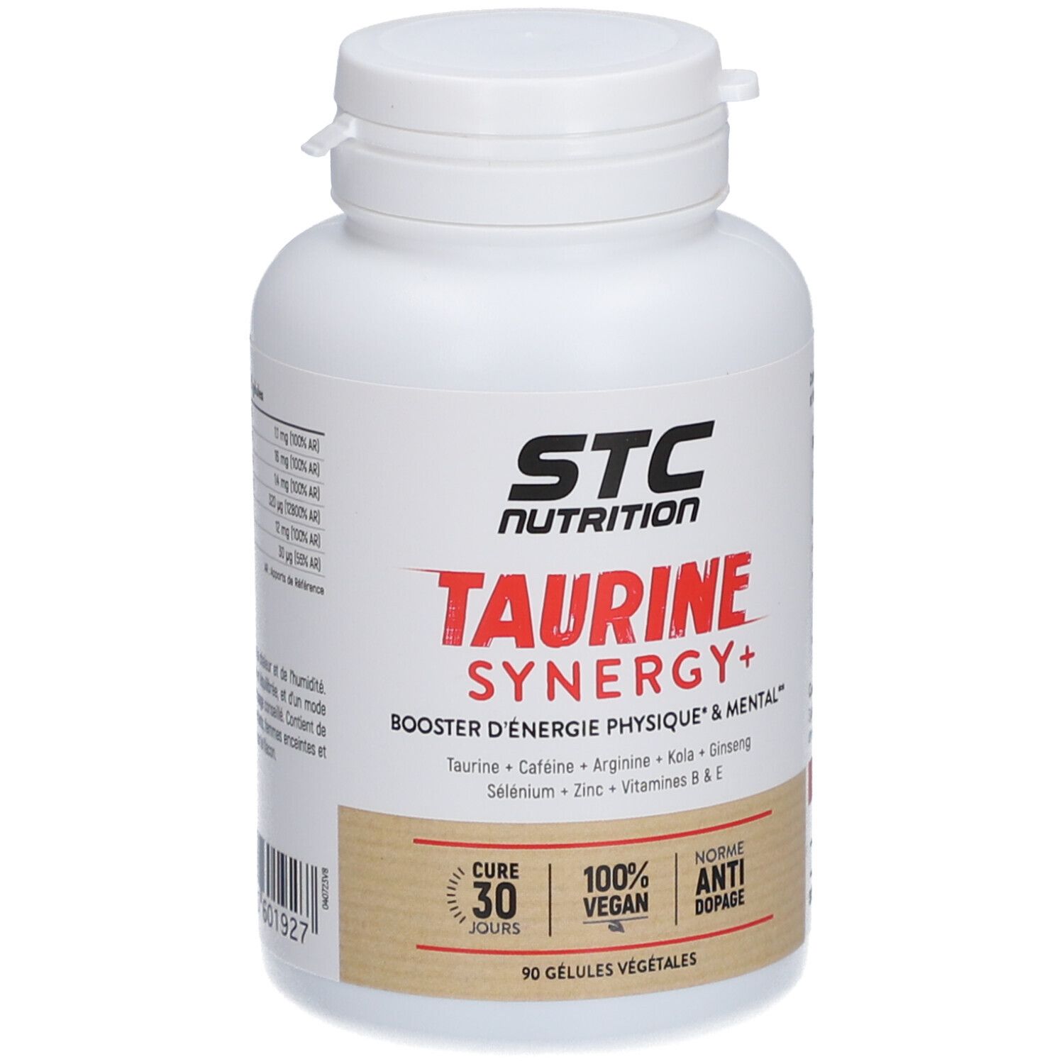 Dos du flacon STC Nutrition Taurine Synergy+. Informations nutritionnelles et ingrédients.