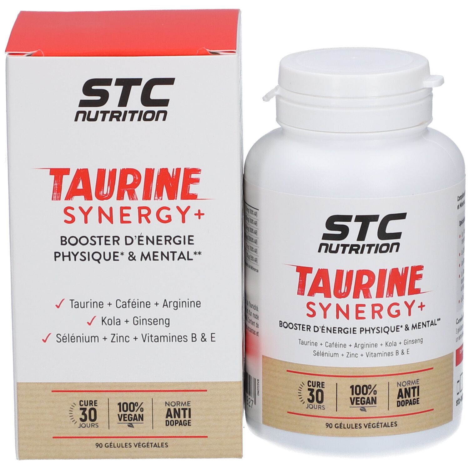 Flacon et boîte STC Nutrition Taurine Synergy+. 90 gélules. Vegan, anti-dopage. Booster d'énergie.