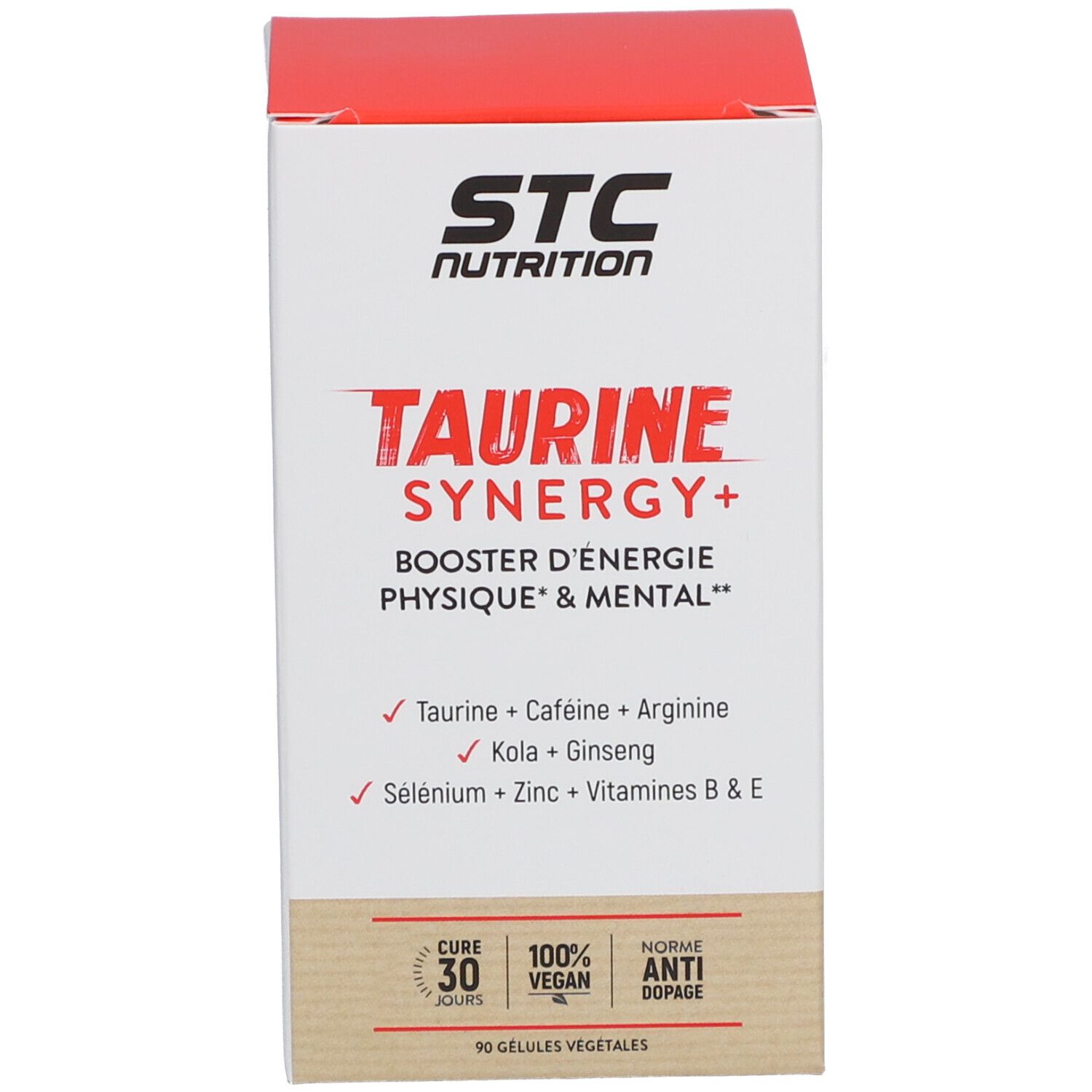 Boîte STC Nutrition Taurine Synergy+. 90 gélules. Vegan, anti-dopage. Booster d'énergie physique & mentale.