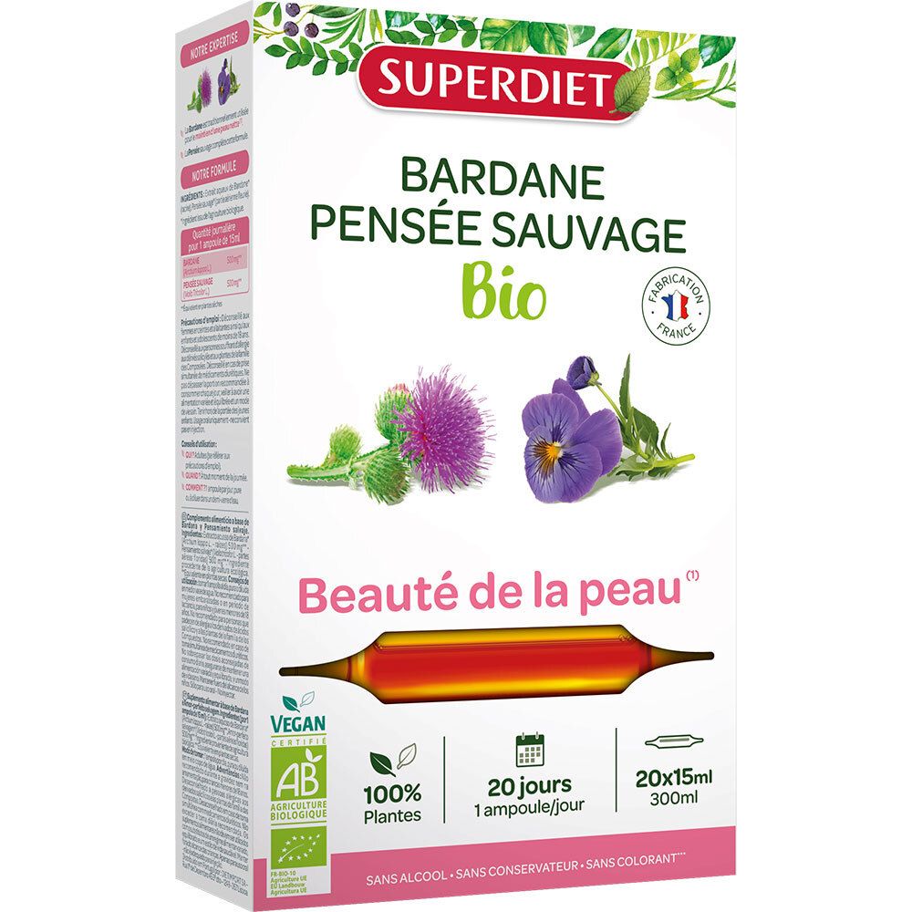 Boîte Super Diet Bardane Pensée Sauvage Bio de 20 ampoules.