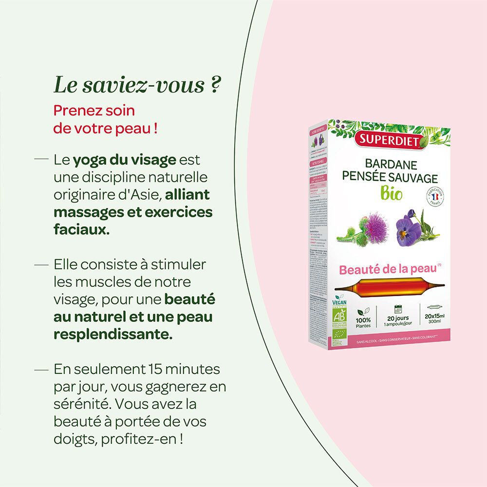 Super Diet Bardane Pensée Sauvage Bio : Informations sur le yoga du visage et les soins de la peau.