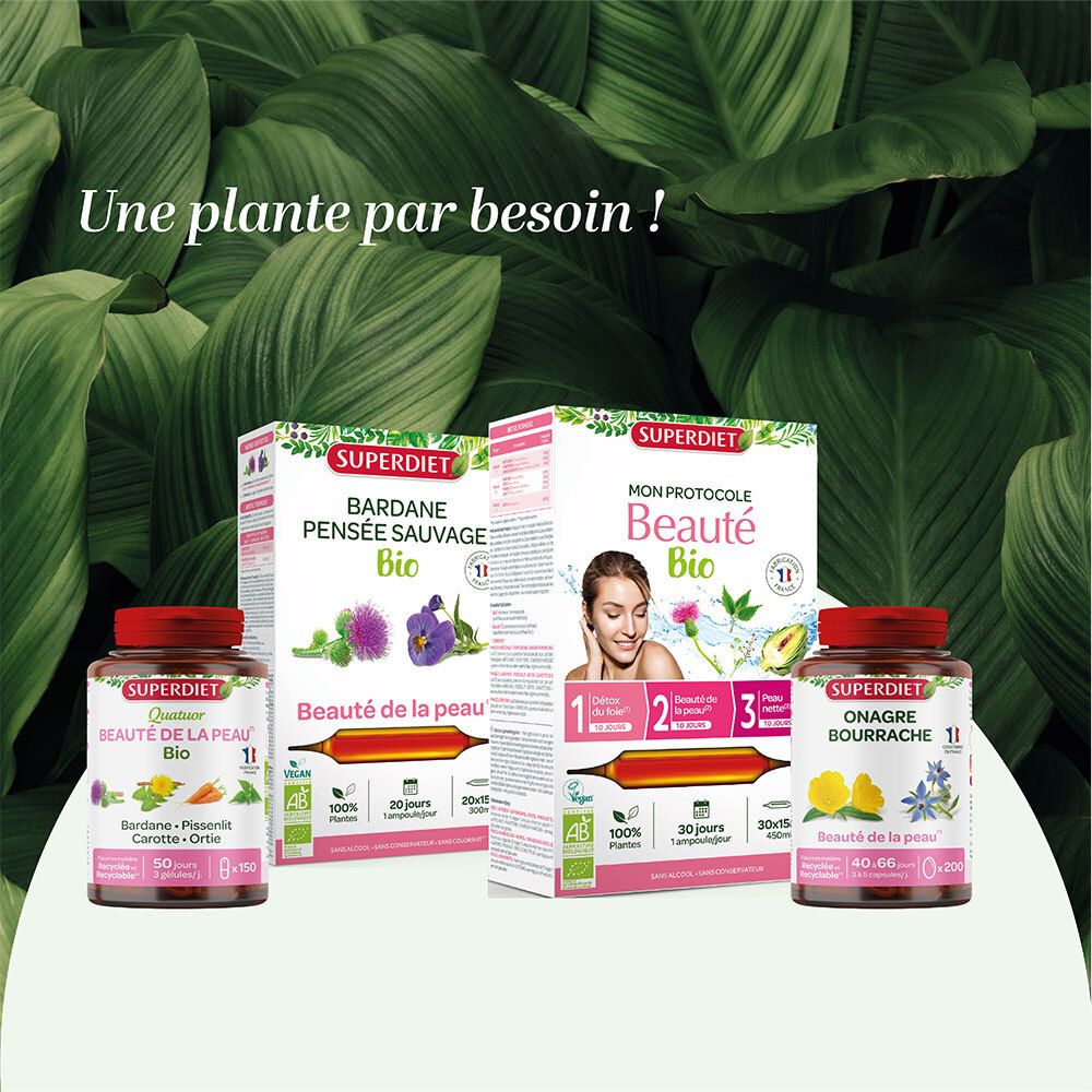 Produits Super Diet Bardane Pensée Sauvage Bio et Super Diet Onagre Bourrache Bio.
