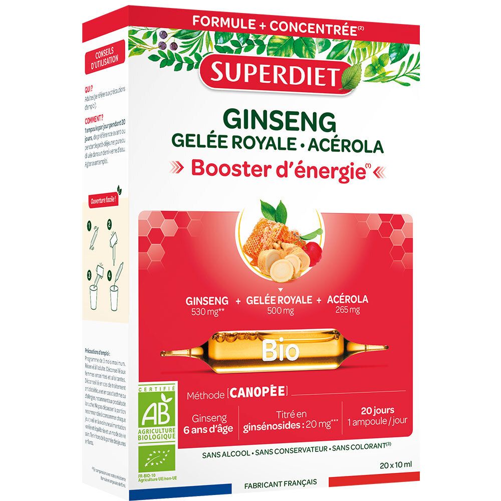 Boîte de Ginseng, Gelée Royale et Acérola pour l'énergie. Certifié Bio.