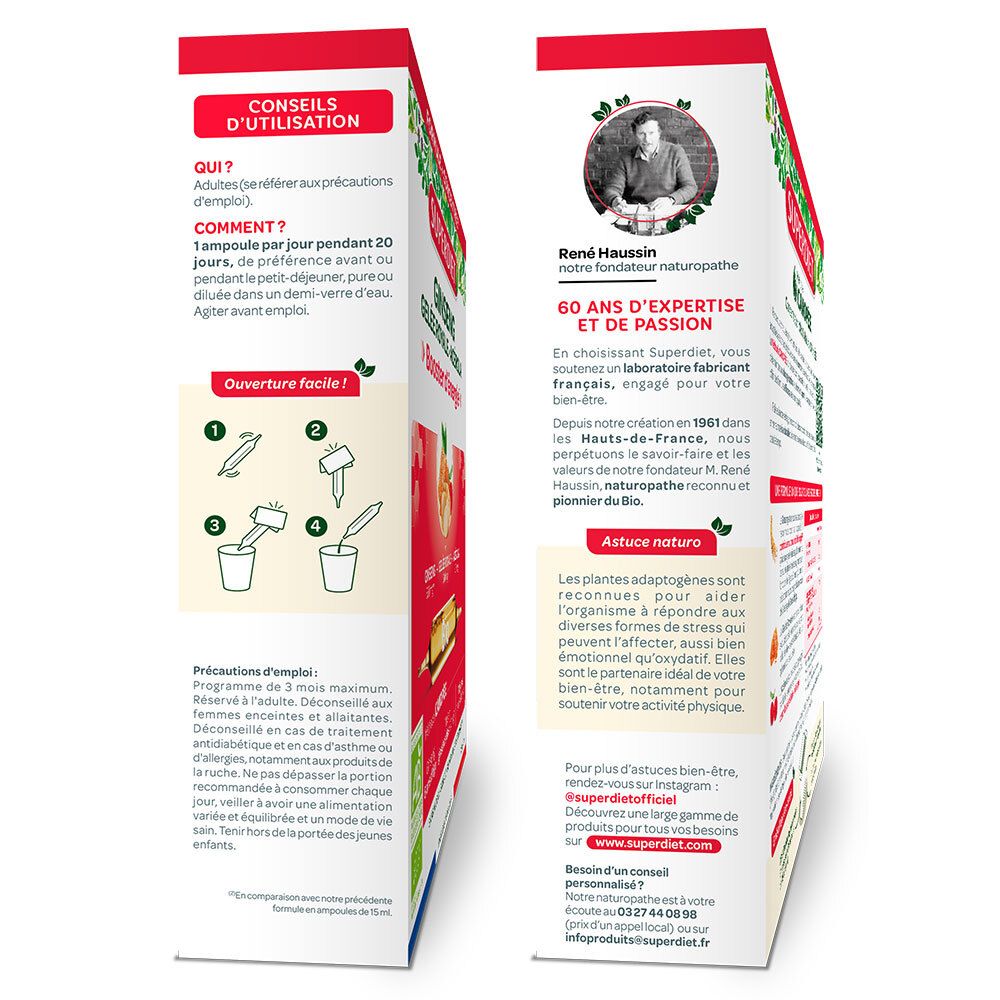 Vue latérale d'une boîte Super Diet avec conseils d'utilisation et informations sur l'expert.
