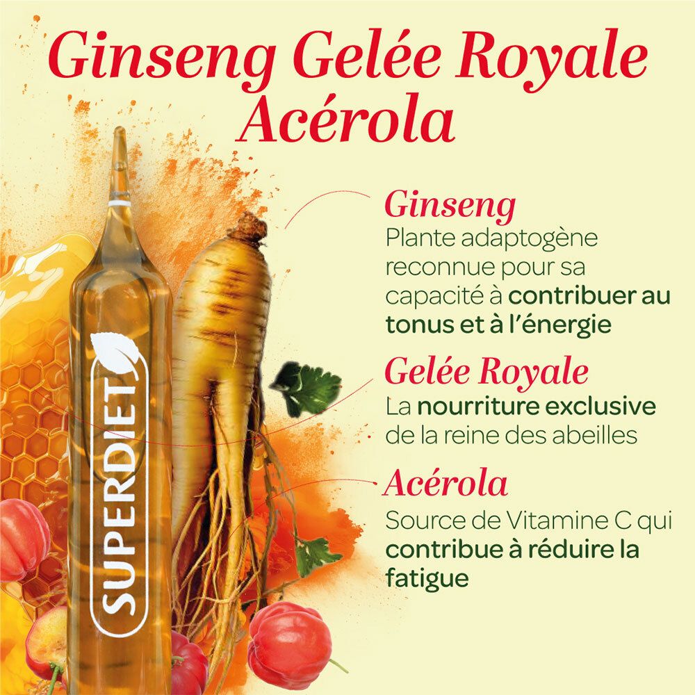 Gros plan d'une ampoule avec Ginseng, Gelée Royale et Acérola. Le texte explique les bienfaits.