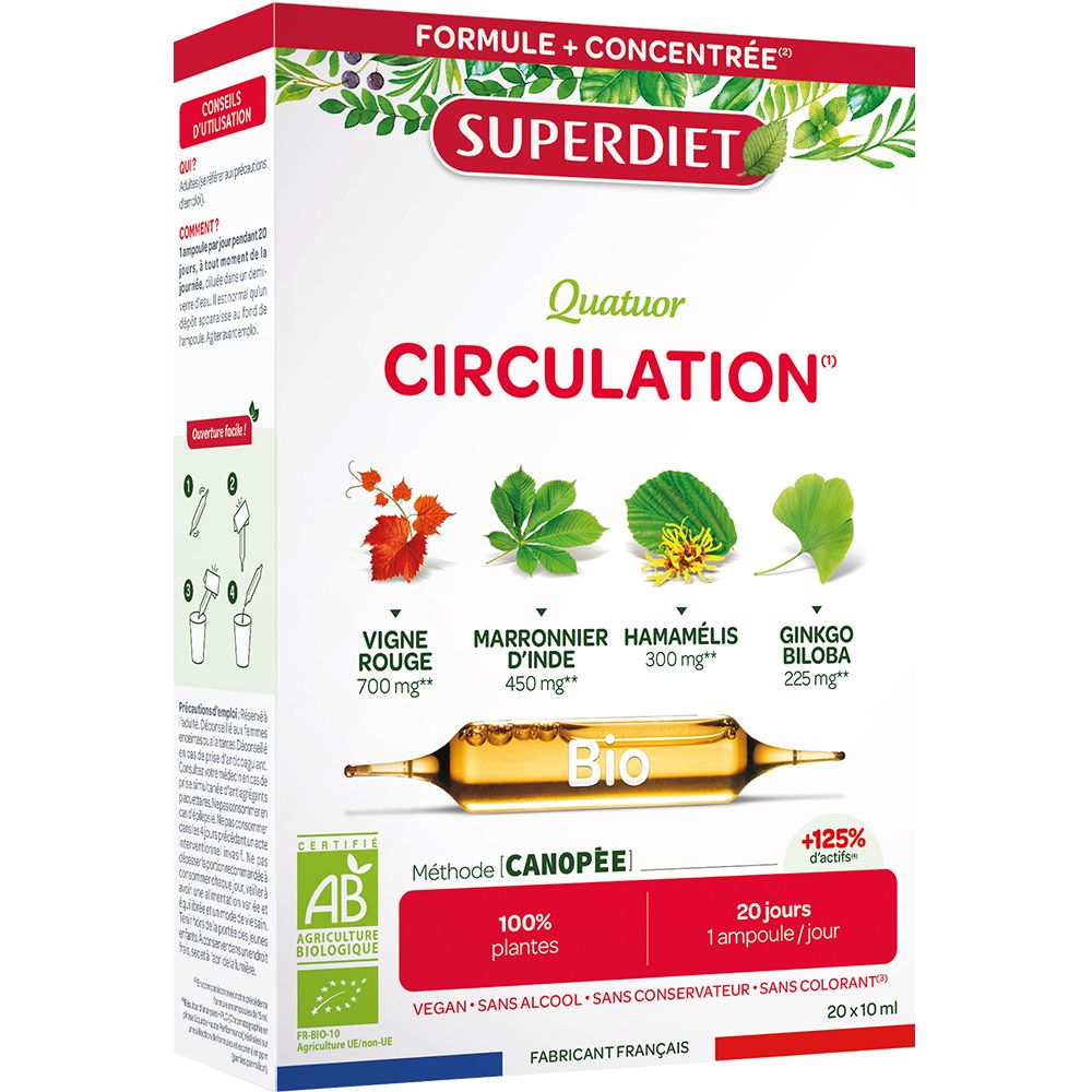 Boîte de Super Diet Quatuor Circulation bio. Contient des ampoules. Illustrations de plantes et texte. Certification bio.