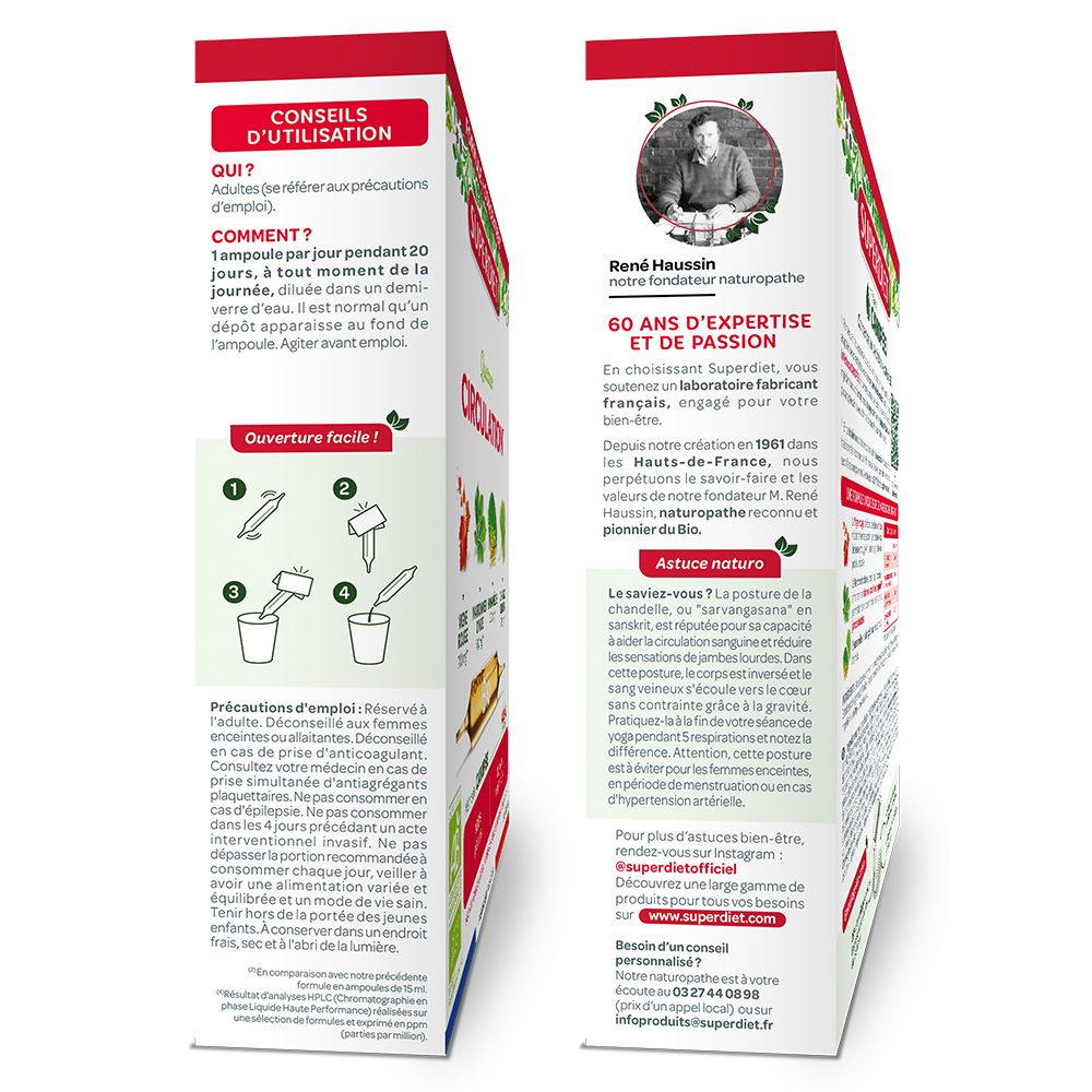 Vue latérale de la boîte Super Diet Quatuor Circulation bio. Informations d'utilisation et fabricant.