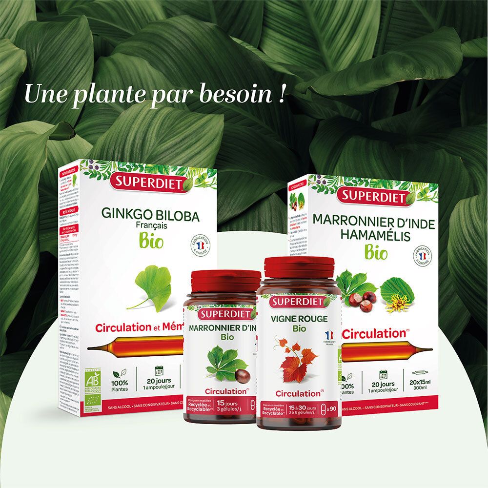Gamme de produits Super Diet. Deux boîtes et deux flacons. Texte : Ginkgo Biloba Bio, Marronnier d'Inde Bio.