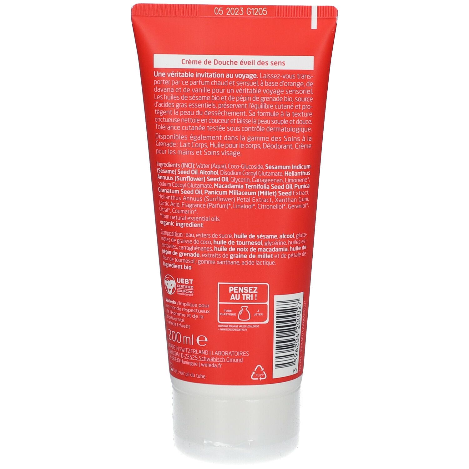 Tube rouge et blanc. Texte: Crème de Douche éveil des sens. 200 ml. Logo Uebt. Code-barres.